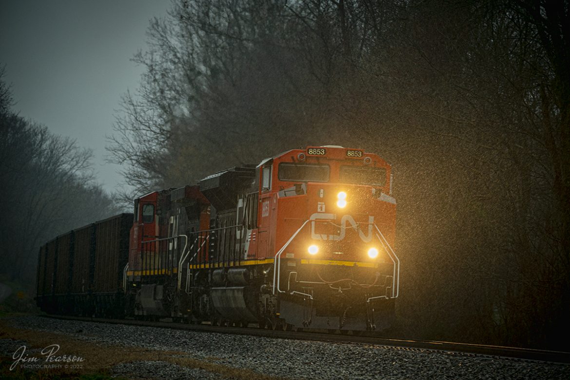 CN A431 heads north on the CN Centralia Subdivision through the falling rain as it rounds the curve at Villa Ridge, IL on a wet, gloomy evening on December 29th, 2021.

Tech Info: Nikon D800, RAW, Sigma 150-600 @ 220mm, f/5.3, 1/200, ISO 800.

#trainphotography #railroadphotography #trains #railways #jimpearsonphotography #trainphotographer #railroadphotographer