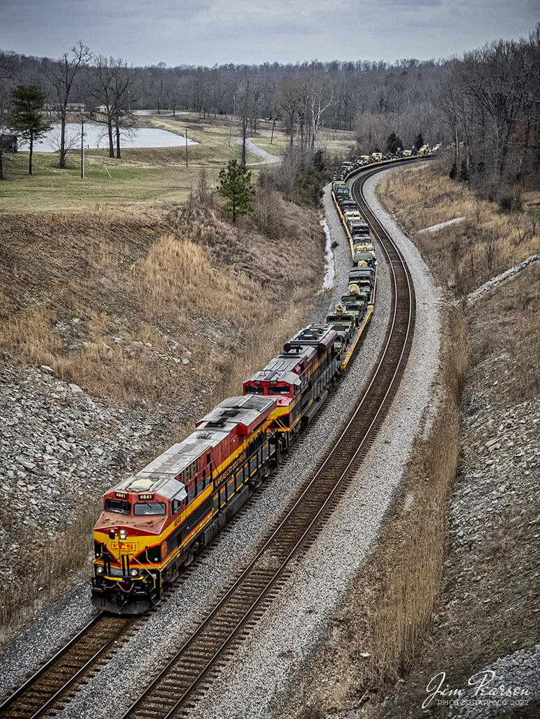 Kansas City Southern 4841 and 4150 lead CSX S864 they pull south through the S curve at with a loaded military train at Nortonville, Kentucky on the Henderson Subdivision on March 8th, 2022. S is one of the new designations which indicates a "Special Move" which used to be W Series trains.

Tech Info: DJI Mavic Air 2S Drone, RAW, 22mm, f/2.8, 1/500, ISO 150.

#trainphotography #railroadphotography #trains #railways #dronephotography #trainphotographer #railroadphotographer #jimpearsonphotography