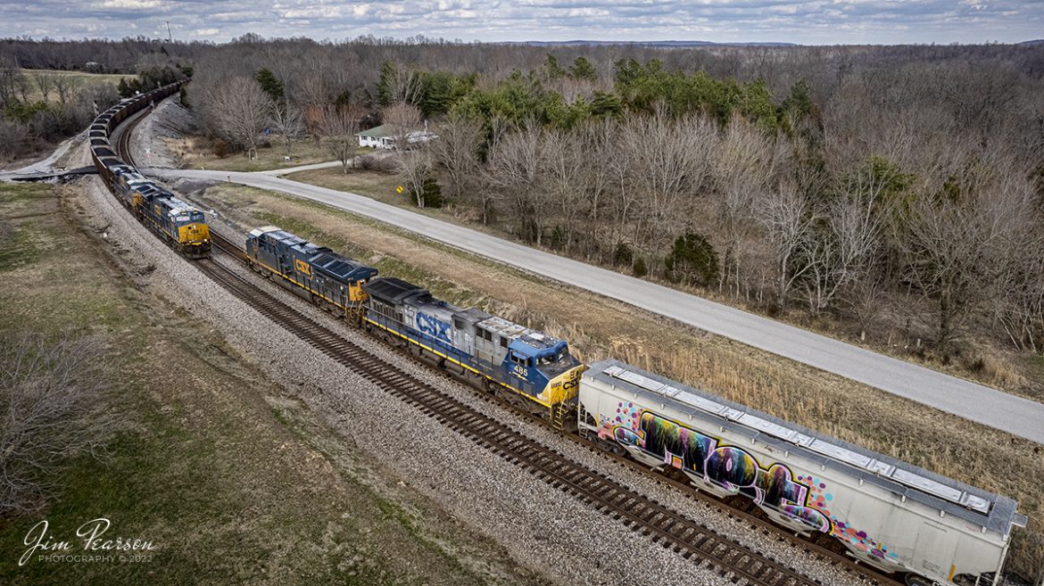Southbound CSX loaded coal train N002 meets CSX Q648 at the north end of the siding at Kelly, Kentucky on the Henderson Subdivision on March 17th, 2022.

Tech Info: DJI Mavic Air 2S Drone, RAW, 22mm, f/2.8, 1/1000, ISO 200

#trainphotography #railroadphotography #trains #railways #dronephotography #trainphotographer #railroadphotographer #jimpearsonphotography