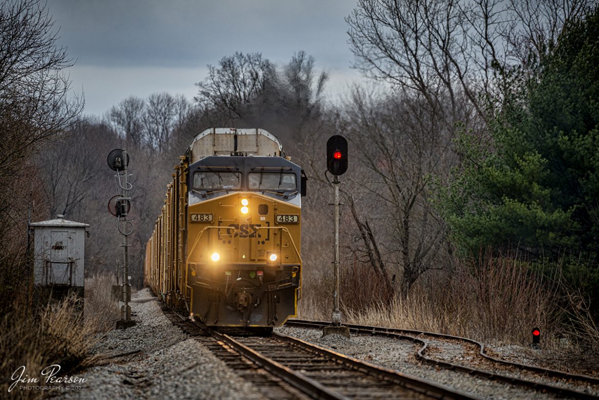 CSX 483 leads CSX Q228 passes the east end of the siding, just west of Skillman, Kentucky on the CSX Texas Line (LH&StL Subdivision) as it as 228 heads west to the Toyota Plant in Princeton, Indiana from Louisville, KY on March 7th, 2022.

CSX currently runs two through trains daily along the line and it has been open now for about two weeks. It also sees several locals as well. While the bridge was shut down trains were pretty much just locals between Louisville and Henderson, Ky (where the Texas line runs).

According to Wikipedia: The LH&STL Subdivision is a railroad line owned by CSX Transportation in the U.S. state of Kentucky. It was originally built as the Louisville, Henderson, and Texas Railway in 1882, with the intent of building a line to Texas by way of St. Louis, Missouri. It was nicknamed "The Texas Line," by which it is still often referred today. The line fell into bankruptcy and was reorganized as the Louisville, Henderson, and St. Louis Railway in 1896. The rail line was acquired by the Louisville and Nashville Railroad in 1929; the parent company still exists and holds other rail-related assets. Through a series of mergers, the line is now operated by CSX.

The line runs from Louisville, Kentucky, to Henderson, Kentucky, for a total of 136.5 miles (219.7 km). At its east end the line continues west from the Louisville Terminal Subdivision, and at its west end the line continues west as the Henderson Subdivision of the Nashville Division.

Tech Info: Nikon D800, RAW, Sigma 150-600 @ 600mm, f/6.3, 1/400, ISO 220.

#trainphotography #railroadphotography #trains #railways #jimpearsonphotography #trainphotographer #railroadphotographer
