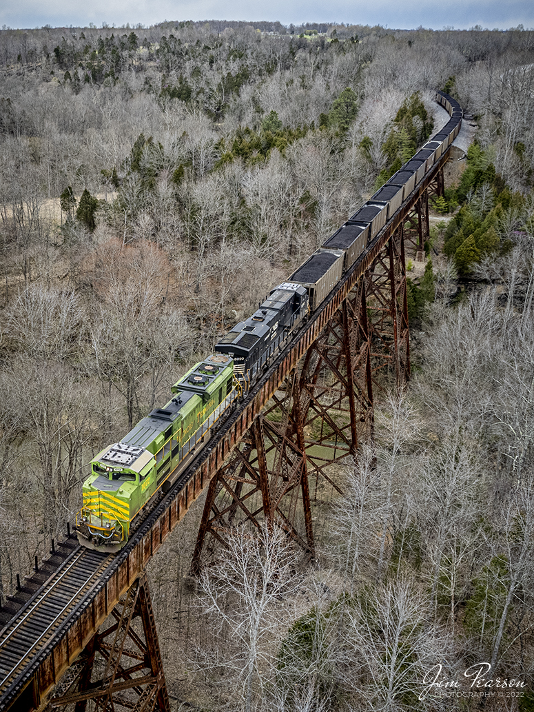Norfolk Southern Illinois Terminal Heritage Unit, 1072, brings up the rear of Paducah and Louisville Railway WYX4, a loaded coal train, as it crosses over the 148 high and 891 ft. long, Big Clifty bridge, at Big Clifty, Kentucky on its way north on April 7th, 2022.

Tech Info: DJI Mavic Air 2S Drone, RAW, 22mm, f/2.8, 1/500, ISO 120

#trainphotography #railroadphotography #trains #railways #dronephotography #trainphotographer #railroadphotographer #jimpearsonphotography