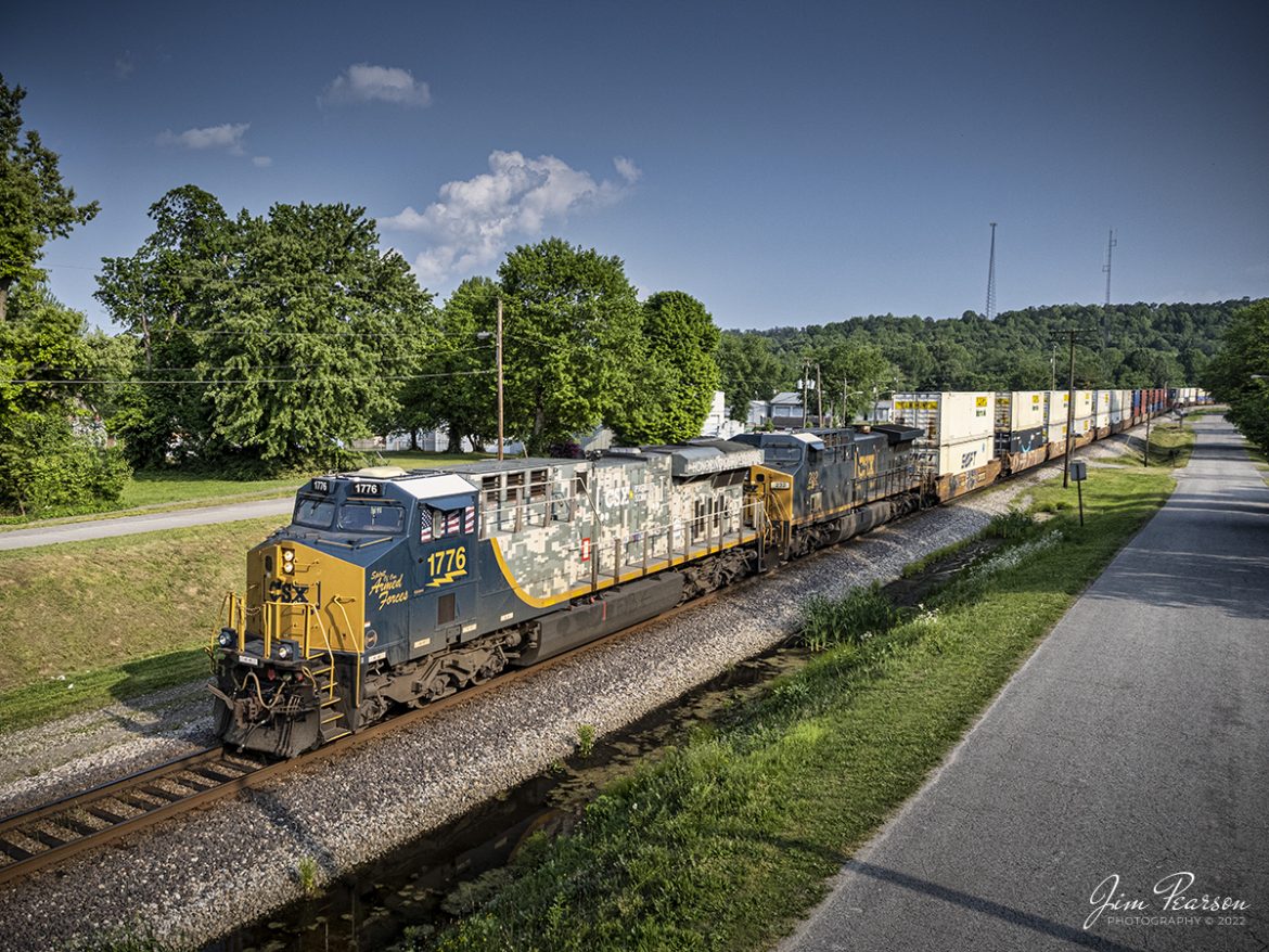 May 11th, 2022 - CSXT 1776, CSX's Spirit of our Armed Forces unit, leads I026 as it heads north at Mortons Gap, Kentucky on the Henderson Subdivision.

Tech Info: DJI Mavic Air 2S Drone, Altitude 48ft, RAW, 22mm, f/2.8, 1/1250, ISO 100.

#trainphotography #railroadphotography #trains #railways #jimpearsonphotography #trainphotographer #railroadphotographer