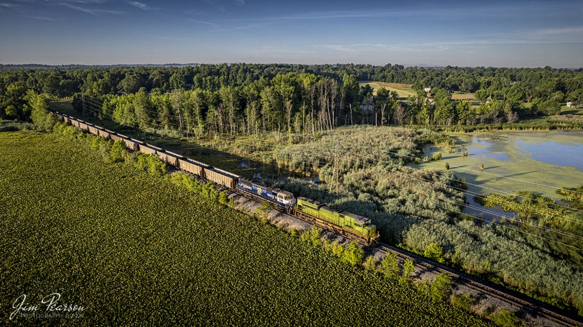 Norfolk Southern Heritage 1072 "Illinois Terminal" locomotive and Paducah and Louisville Railway University of Kentucky locomotive 4522, leads an empty coal train as they cross the marshland on the way to Warrior Coal Loop, just outside Nebo, Kentucky on June 24th, 2022.

Tech Info: DJI Mavic Air 2S Drone, RAW, 22mm, f/2.8, 1/1000, ISO 110.

#trainphotography #railroadphotography #trains #railways #dronephotography #trainphotographer #railroadphotographer #jimpearsonphotography