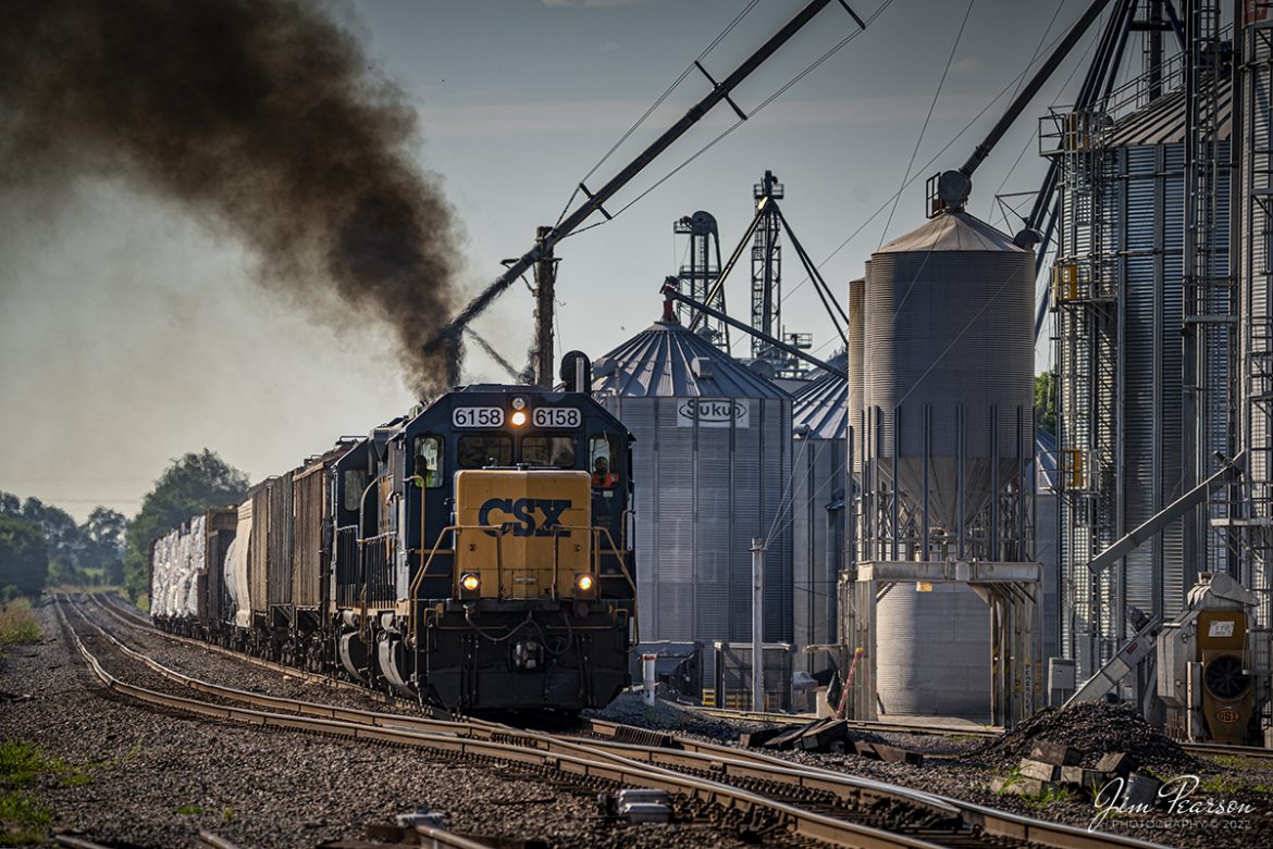 CSX L382 puts out a bit of smoke as it pulls away from WF Ware after picking up a cut of grain cars at Trenton, Kentucky on July 12th, 2022, on the Henderson Subdivision. L382 is the local that runs between Casky yard in Hopkinsville and Guthrie, Ky and here we catch it as it starts its run back to Casky.

Tech Info: Nikon D800, RAW, Sigma 150-600 @ 220mm, f/5.3, 1/1250, ISO 200.

#trainphotography #railroadphotography #trains #railways #jimpearsonphotography #trainphotographer #railroadphotographer #jimpearsonphotography