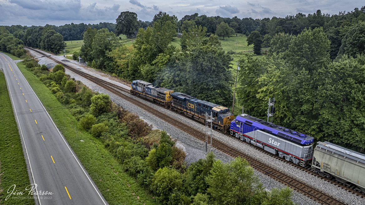CSX M501 pulls onto the main at Romney as it heads south from Nortonville, Kentucky with NRTX 122 (Regional Transportation Authority (Tennessee); Music City Star) engine trailing behind CSXT 980 and 378, on the Henderson Subdivision on August 16th, 2022.

Tech Info: DJI Mavic Air 2S Drone, RAW, 22mm, f/2.8, 1/640, ISO 120.

#trainphotography #railroadphotography #trains #railways #dronephotography #trainphotographer #railroadphotographer #jimpearsonphotography