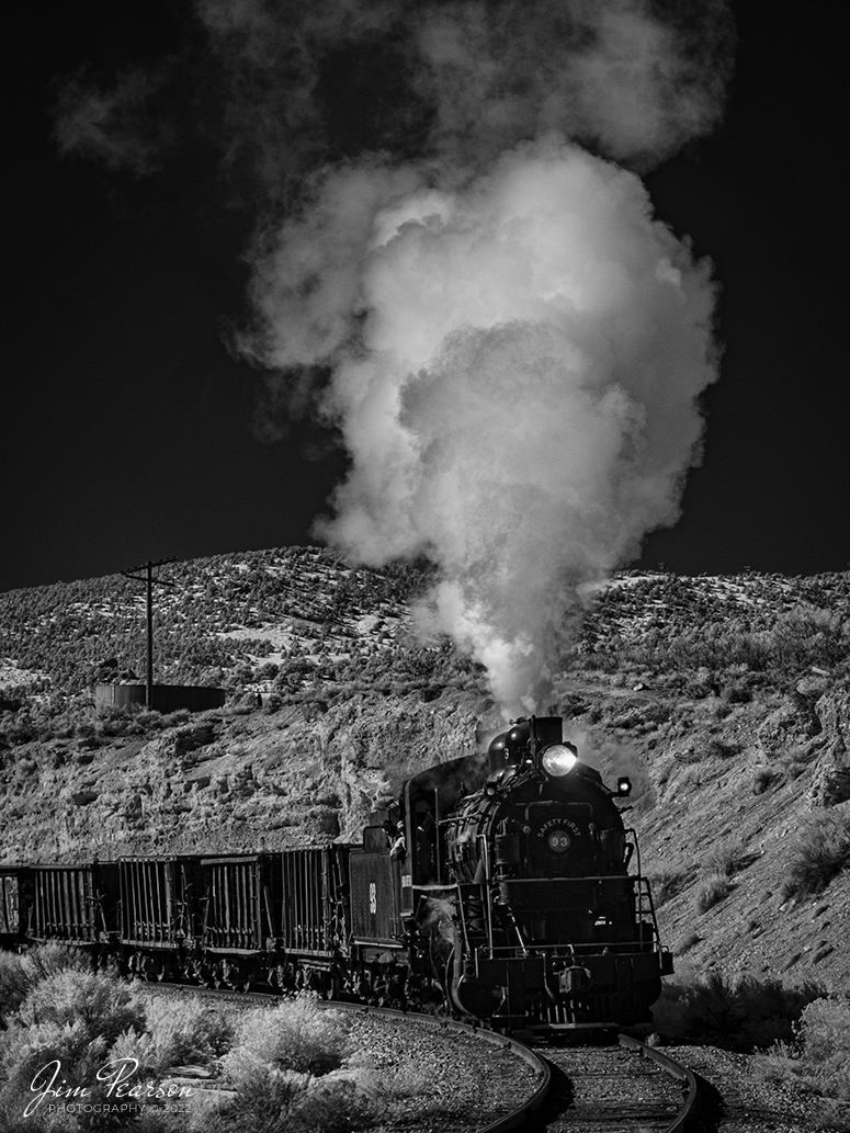 In this dramatic black and white Infrared photo Nevada Northern Railway engine 93 heads back to Ely, Nevada with an empty ore train under the control of engineer Jim Montague and fireman, as they approach the Lackawanna Crossing on the Robinson Canyon Route on February 12th, 2022.

They werent moving ore but was a part of the museums three-day Winter Photo Charter event that ran from February 11-13th, 2022. This was my first trip to the Nevada Northern and wont be my last!

Locomotive #93 is a 2-8-0 that was built by the American Locomotive Company in January of 1909 at a cost of $17,610. It was the last steam locomotive to retire from original revenue service on the Nevada Northern Railway in 1961 and was restored back into service in 1993, according to the NNRY website.

According to Wikipedia: The Nevada Northern Railway Museum is a railroad museum and heritage railroad located in Ely, Nevada and operated by a historic foundation dedicated to the preservation of the Nevada Northern Railway.

Tech Info: Fuji XT-1, RAW, Converted to 720nm B&W IR, Sigma 24-70 @ 70mm, f/4.5, 1/950, ISO 200.

#trainphotography #railroadphotography #trains #railways #jimpearsonphotography #infraredtrainphotography #infraredphotography #trainphotographer #railroadphotographer #steamtrains #nevadanorthernrailway