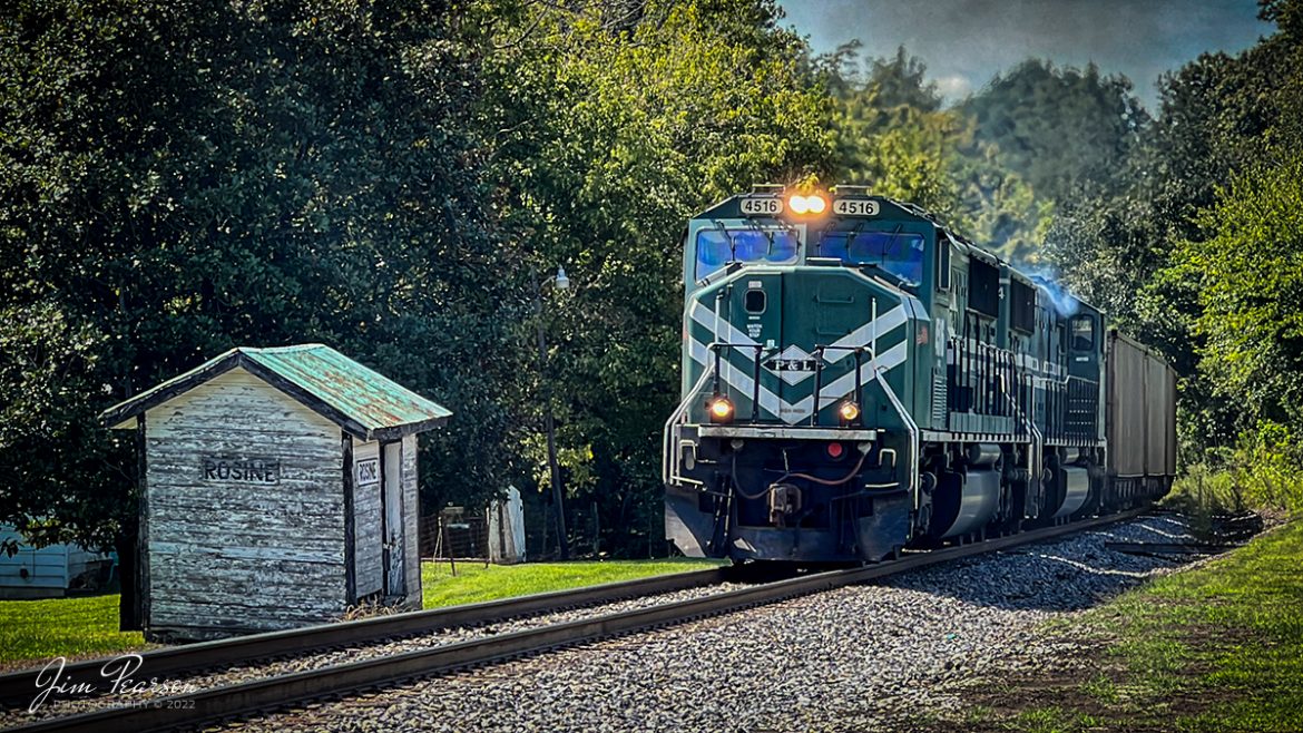 Paducah and Louisville Railway 4516 leads the northbound Louisville Gas and Electric loaded coal train as it struggles up the hill at Rosine, Kentucky on September 1st, 2022, on the way to the power plant outside of Louisville, KY.

Tech Info: iPhone 13 Pro Max, Standard Lens, f/2.8, 1/272, ISO 32.

#trainphotography #railroadphotography #trains #railways #jimpearsonphotography #trainphotographer #railroadphotographer