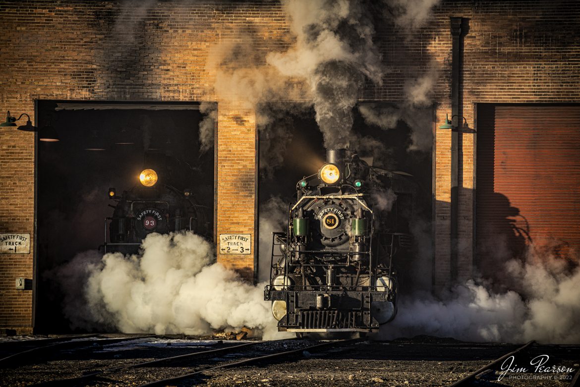 Nevada Northern Railway steam locomotive #81 pulls out into the cold morning air at Ely, Nevada during the museums Winter Photo Charter event on the morning of February 13th, 2022, as #93 waits its turn to depart.

According to Wikipedia: The Nevada Northern Railway Museum is a railroad museum and heritage railroad located in Ely, Nevada and operated by a historic foundation dedicated to the preservation of the Nevada Northern Railway.

The museum is situated at the East Ely Yards, which are part of the Nevada Northern Railway. The site is listed on the United States National Register of Historic Places as the Nevada Northern Railway East Ely Yards and Shops and is also known as the "Nevada Northern Railway Complex". The rail yards were designated a National Historic Landmark District on September 27, 2006. The site was cited as one of the best-preserved early 20th-century railroad yards in the nation, and a key component in the growth of the region's copper mining industry. Developed in the first decade of the 20th century, it served passengers and freight until 1983, when the Kennecott Copper Company, its then-owner, donated the yard to a local non-profit for preservation. The property came complete with all the company records of the Nevada Northern from its inception.

Engine #81 is a "Consolidation" type (2-8-0) steam locomotive that was built for the Nevada Northern in 1917 by the Baldwin Locomotive Works in Philadelphia, PA, at a cost of $23,700. It was built for Mixed service to haul both freight and passenger trains on the Nevada Northern railway.

Tech Info: Nikon D800, RAW, Sigma 150-600 @ 200mm, f/7.1, 1/320, ISO 125.

#trainphotography #railroadphotography #trains #railways #jimpearsonphotography #trainphotographer #railroadphotographer #steamtrains #nevadanorthernrailway