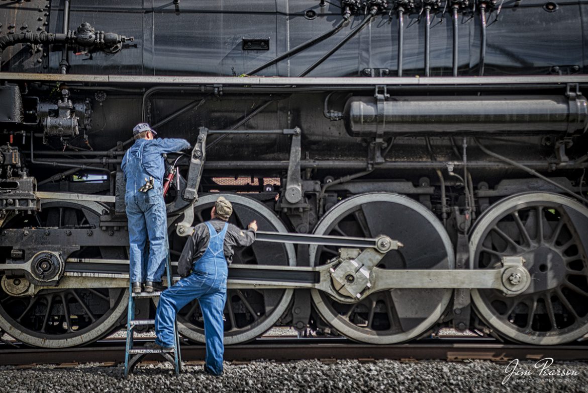 Two crew members on Nickel Plate Road (NKP) steam locomotive 765 works on lubricating various points on the locomotive during a water stop at Angola, Indiana on September 23rd, 2022. 

It was pulling the American History Train between Angola and Palmer Lake, Indiana, during the annual American History Days activities. It took guests back to the 1940s for a living history experience at Pleasant Lake from Angola. The passengers then got a 45-minute layover at Pleasant Lake where they visited with WWII reenactors, listened to live music and much more.

According to Wikipedia: Nickel Plate Road 765 is a class "S-2" 2-8-4 "Berkshire" type steam locomotive built for the New York, Chicago & St. Louis Railroad, commonly referred to as the "Nickel Plate Road".

No. 765 continues to operate in mainline excursion service and is owned and maintained by the Fort Wayne Railroad Historical Society (FWRHS) and was also added to the National Register of Historic Places on September 12, 1996. 

Tech Info: Nikon D800, RAW, Sigma 24-70mm @ 70mm, f/2.8, 1/1600, ISO 450.

#trainphotography #railroadphotography #trains #railways #jimpearsonphotography #trainphotographer #railroadphotographer #ftwaynehistoricalsociety #STEAM #steamtrains #nkp765