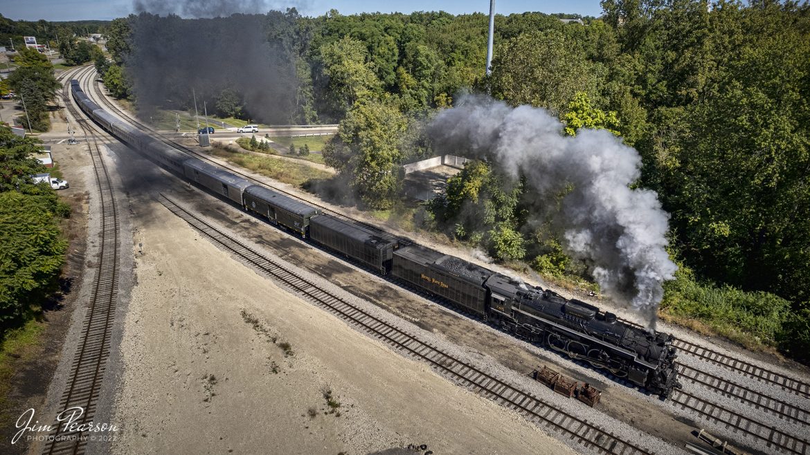 The American History Train, being led by Nickel Plate Road (NKP) steam locomotive 765, works on turning its train on the Indiana Northeastern Railroad line at Hillsdale, Michigan on September 23rd, 2022.

NKP 765 was pulling the American History Train between Pleasant Lake from Angola, Indiana during the annual American History Days Festival on September 24-25th, 2022. It took guests back to the 1940s for a living history experience. The passengers then got a 45-minute layover at Pleasant Lake where they visited with WWII reenactors, listened to live music and much more.

Nickel Plate Road 765 is a class "S-2" 2-8-4 "Berkshire" type steam locomotive built for the New York, Chicago & St. Louis Railroad, commonly referred to as the "Nickel Plate Road".

Tech Info: DJI Mavic Air 2S Drone, 22mm, f/2.8, 1/3000, ISO 100.

#trainphotography #railroadphotography #trains #railways #dronephotography #trainphotographer #railroadphotographer #jimpearsonphotography