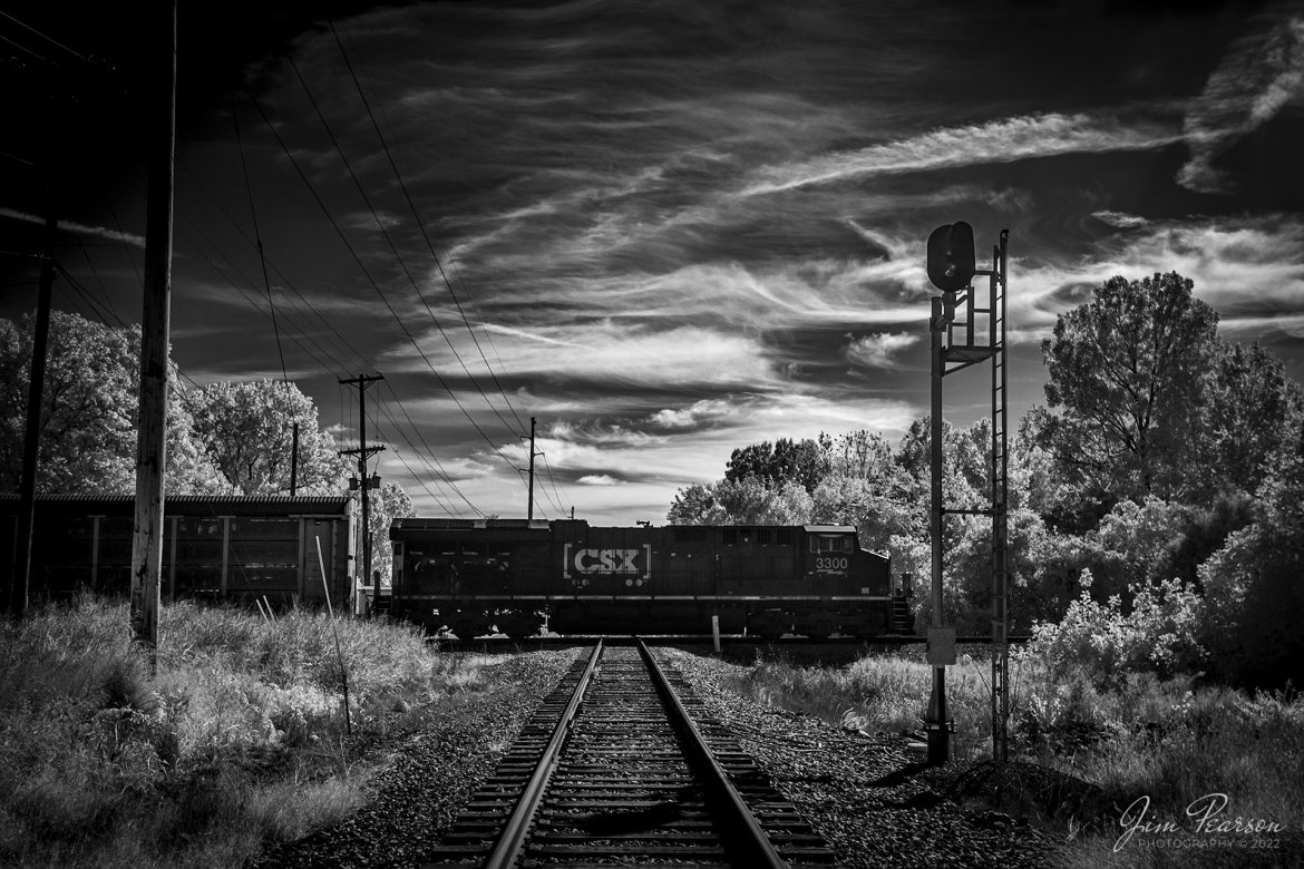 In this Infrared view we find CSXT 3300 on point as it leads I025 across the Diamond at Trident and the CSX Morganfield Branch, as they head south on October 7th, 2022 at Madisonville, Kentucky.

Tech Info: Fuji XT-1, RAW, Converted to 720nm B&W IR, Nikon 10-24 @ 20mm, f/4.5, 1/1000, ISO 200.

#trainphotography #railroadphotography #trains #railways #jimpearsonphotography #infraredtrainphotography #infraredphotography #trainphotographer #railroadphotographer