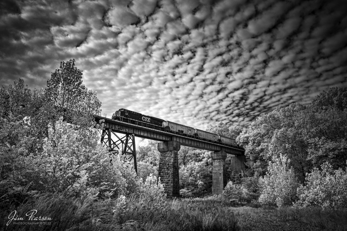 In this Infrared view we find CSX loaded grain train G351 heading south over the trestle at Sulfur Fork Creek at Springfield, Tennessee on October 15th, 2022, on the Henderson Subdivision.

Tech Info: Fuji XT-1, RAW, Converted to 720nm B&W IR, Nikon 10-24 @ 20mm, f/4.5, 1/1000, ISO 200.

#trainphotography #railroadphotography #trains #railways #jimpearsonphotography #infraredtrainphotography #infraredphotography #trainphotographer #railroadphotographer