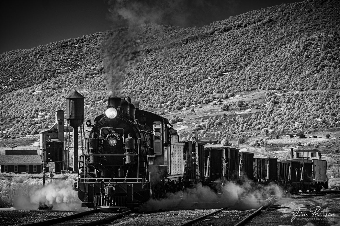 In this dramatic black and white Infrared photo Nevada Northern Railway engine 93 heads out of Ely, Nevada with an empty ore train under the control of engineer Jim Montague on February 12th, 2022.

They weren't moving ore but were a part of the museums three-day Winter Photo Charter event that ran from February 11-13th, 2022. This was my first trip to the Nevada Northern and wont be my last!

Locomotive #93 is a 2-8-0 that was built by the American Locomotive Company in January of 1909 at a cost of $17,610. It was the last steam locomotive to retire from original revenue service on the Nevada Northern Railway in 1961 and was restored back into service in 1993, according to the NNRY website.

According to Wikipedia: The Nevada Northern Railway Museum is a railroad museum and heritage railroad located in Ely, Nevada and operated by a historic foundation dedicated to the preservation of the Nevada Northern Railway.

Tech Info: Fuji XT-1, RAW, Converted to 720nm B&W IR, Nikon 70-300 @ 110mm, f/4.5, 1/850, ISO 200.

#trainphotography #railroadphotography #trains #railways #jimpearsonphotography #infraredtrainphotography #infraredphotography #trainphotographer #railroadphotographer #steamtrains #nevadanorthernrailway