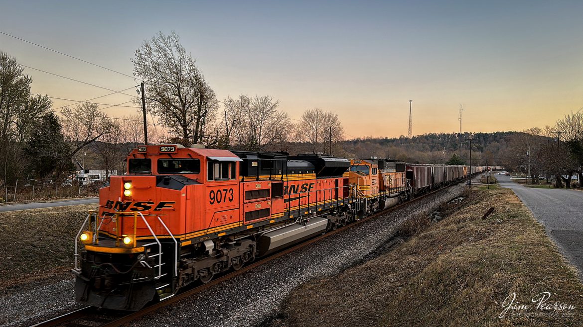 BNSF 9073 leads B207, a loaded phosphate train headed for Cicero, IL (BNSF) from Mulberry, FL, as it heads north on the CSX Henderson Subdivision through Mortons Gap, Kentucky on November 17th, 2022.

Tech Info: iPhone 14 Pro, 6.9 (24mm) Lens, f/1.8, 1/222, ISO 64.

#trainphotography #railroadphotography #trains #railways #iphonephotography #trainphotographer #railroadphotographer #jimpearsonphotography #bnsfrailway #bnsf #kentuckytrains #csxhendersonsubdivison