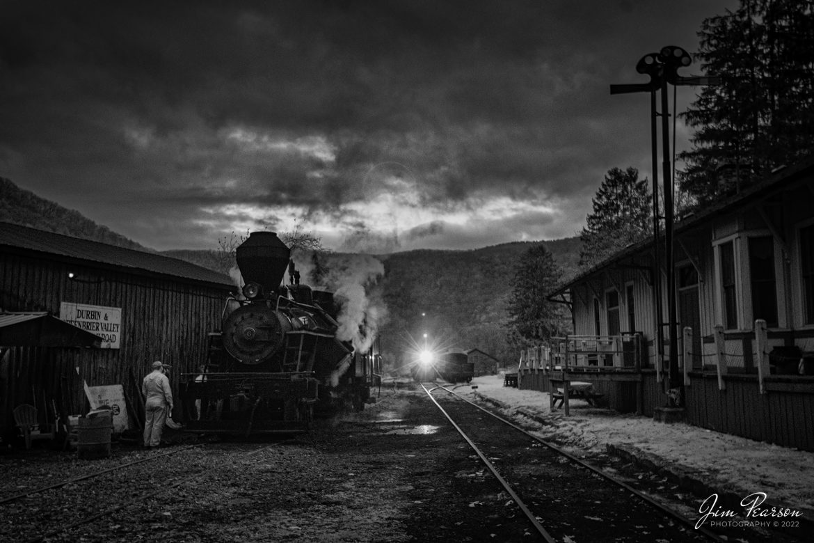 In my Saturday Infrared view, it seems we've taken a step back in time with this early dawn scene at the Durbin & Greenbrier Valley Railroad at Durbin, WV on November 4th, 2022. The early morning crews prepare Heisler locomotive number 6, for the first day of Rail Heritage Photography Weekend hosted by the Cass Scenic RR Photographer's Specials, out of Cass, West Virginia.

According to Wikipedia: The Durbin and Greenbrier Valley Railroad (reporting mark DGVR) is a heritage and freight railroad in the U.S. states of Virginia and West Virginia. It operates the West Virginia State Rail Authority-owned Durbin Railroad and West Virginia Central Railroad (reporting mark WVC), as well as the Shenandoah Valley Railroad in Virginia.

Tech Info: Fuji XT-1, RAW, Converted to 720nm B&W IR, Nikon 10-24 @ 24mm, f/4.5, 1/125, ISO 2500.

#trainphotography #railroadphotography #trains #railways #dronephotography #trainphotographer #railroadphotographer #jimpearsonphotography #cassscenicrailway #durbinandgreenbriervalleyrr #steamtrains #infrared #infraredtrainphotography