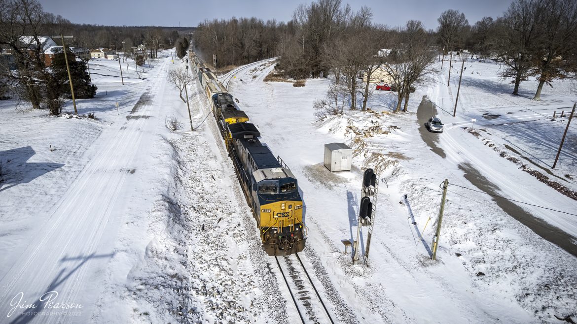 CSXT 352 heads up CSX G421, a loaded grain train, as passes through Mortons Junction through the freshly fallen snow and extremely frigid weather at Mortons Gap, Kentucky on the Henderson Subdivision, in the 5-degree weather on December 23rd, 2022.

Tech Info: DJI Mavic Air 2S Drone, 22mm, f/2.8, 1/8000, ISO 110.

#trainphotography #railroadphotography #trains #railways #dronephotography #trainphotographer #railroadphotographer #jimpearsonphotography