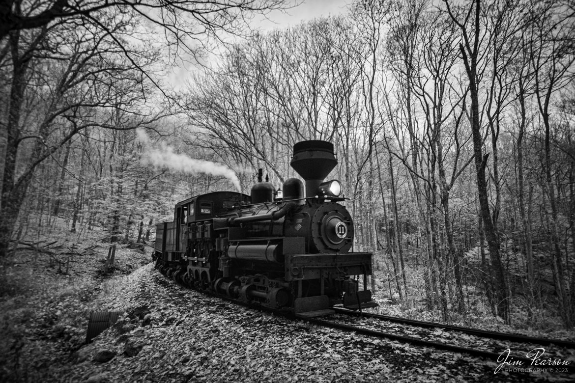 This week’s Saturday Infrared photo is of Cass Scenic Railway Shay locomotive number 11, (C-90-3) heads upgrade through the forest during the Rail Heritage Photography Weekend photo shoot at Cass, West Virginia on November 5th, 2022. 

According to Wikipedia: Cass Scenic Railroad, is an 11-mile (18 km) long heritage railway owned by the West Virginia State Rail Authority and operated by the Durbin and Greenbrier Valley Railroad. The park also includes the former company town of Cass and a portion of the summit of Bald Knob, the highest point on Back Allegheny Mountain.

Founded in 1901 by the West Virginia Pulp and Paper Company (now WestRock), Cass was built as a company town to serve the needs of the men who worked in the nearby mountains cutting spruce and hemlock for the West Virginia Spruce Lumber Company, a subsidiary of WVP&P. At one time, the sawmill at Cass was the largest double-band sawmill in the world. It processed an estimated 1.25 billion board feet (104,000,000 cu ft; 2,950,000 m3) of lumber during its lifetime. In 1901 work started on the 4 ft 8+1⁄2 in (1,435 mm) standard gauge railroad, which climbs Back Allegheny Mountain. 

The railroad eventually reached a meadow area, now known as Whittaker Station, where a logging camp was established for the immigrants who were building the railroad. The railroad soon reached the top of Gobblers Knob, and then a location on top of the mountain known as 'Spruce'. The railroad built a small town at that location, complete with a company store, houses, a hotel, and a doctor's office. Work soon commenced on logging the red spruce trees, which grew in the higher elevations.

Tech Info: Fuji XT-1, RAW, Converted to 720nm B&W IR, Nikon 10-24 @ 13mm, f/4, 1/180, ISO 500.

#trainphotography #railroadphotography #trains #railways #jimpearsonphotography #infraredtrainphotography #infraredphotography #trainphotographer #railroadphotographer #cassscenicrailway #steamtrains