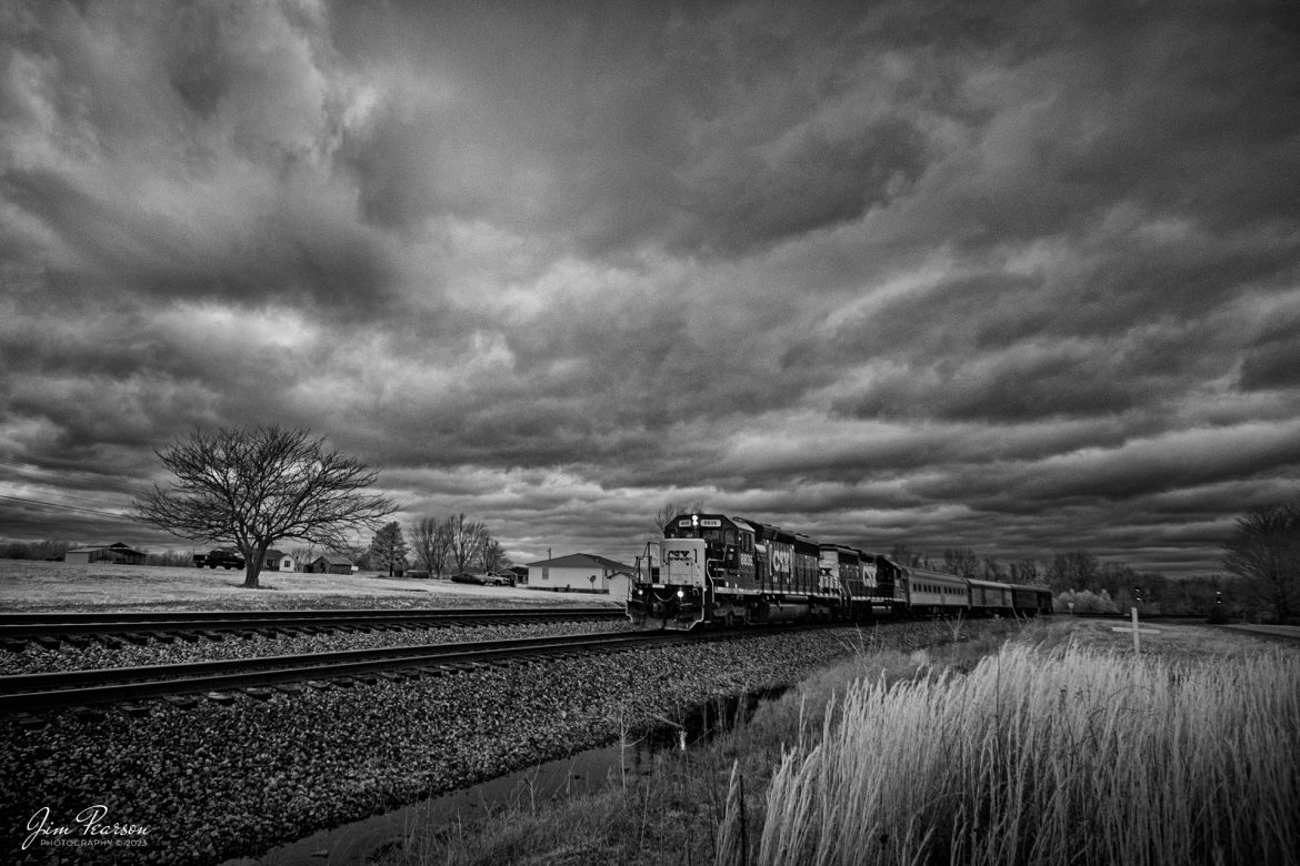 This week's Saturday Infrared photo is of CSX W001, a geometry train inspecting the siding track at Kelly, Kentucky under stormy skies as it works southbound on the CSX Henderson Subdivision on February 9th, 2023. 

A geometry train measures the track geometry by using electromagnetic devices. These trains are used to pinpoint any kind of defect in the tracks that may affect the safe operation of trains. 

Tech Info: Fuji XT-1, RAW, Converted to 720nm B&W IR, Nikon 10-24 @ 10mm, f/3.5, 1/2000, ISO 400.

#trainphotography #railroadphotography #trains #railways #jimpearsonphotography #infraredtrainphotography #infraredphotography #trainphotographer #railroadphotographer #cassscenicrailway #steamtrains