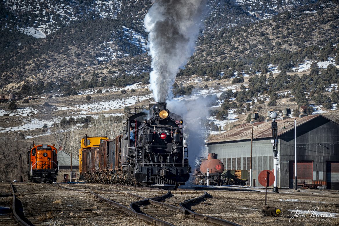 Nevada Northern Railway steam locomotive 93 begins to pull a string of ore cars out of the yard at Ely, Nevada, during the museums 2022 Winter Photo Charter event on February 12th, 2022.

According to Wikipedia: The Nevada Northern Railway Museum is a railroad museum and heritage railroad located in Ely, Nevada and operated by a historic foundation dedicated to the preservation of the Nevada Northern Railway.

According to the NNRY website, #93 is a 2-8-0 that was built by the American Locomotive Company in January of 1909 at a cost of $17,610. It was the last steam locomotive to retire from original revenue service on the Nevada Northern Railway in 1961 and was restored back into service in 1993. 

Tech Info: Nikon D800, RAW, Sigma 150-600 @ 200mm, f/7.1, 1/800, ISO 140.

#nevadanorthernrailway#trainphotography #railroadphotography #trains #railways #jimpearsonphotography #trainphotographer #railroadphotographer #jimpearsonphotography