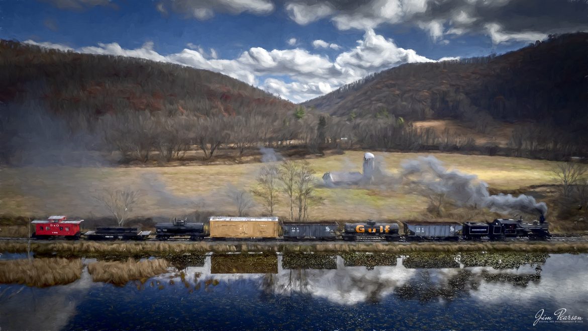 Digital Photographic Art - Meadow River Lumber Company steam locomotive, Heisler No. 6, leads a freight train past a wetlands area at Hosterman, West Virginia during the Mountain Rail WV, Rail Heritage Photography Weekend. The event was held at the Durbin & Greenbrier Valley Railroad, Durbin, WV, and Cass Scenic Railroad, Cass, WV, from November 4-6th, 2022. 

According to Wikipedia: The Durbin and Greenbrier Valley Railroad (reporting mark DGVR) is a heritage and freight railroad in the U.S. states of Virginia and West Virginia. It operates the West Virginia State Rail Authority-owned Durbin Railroad and West Virginia Central Railroad (reporting mark WVC), as well as the Shenandoah Valley Railroad in Virginia.

Beginning in 2015, DGVR began operating the historic geared steam-powered Cass Scenic Railroad, which was previously operated by the West Virginia Division of Natural Resources as part of Cass Scenic Railroad State Park.

Tech Info: DJI Mavic Air 2S Drone, 22mm, f/2.8, 1/2000, ISO 100.