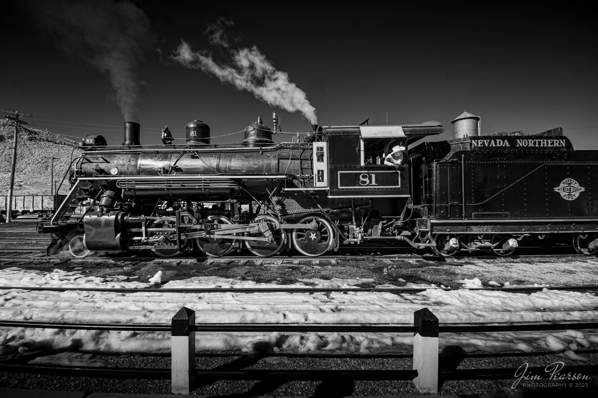 Infrared photo of Nevada Northern Railway fireman Will Ebbert keeps a watchful eye from locomotive 81, as they head back through the yard at Ely, Nevada on February 12h, 2022 during during the museums 2022 Winter Photo Charter event. 

Nevada Northern No. 81 is a "Consolidation" type (2-8-0) steam locomotive that was built for the Nevada Northern in 1917 by the Baldwin Locomotive Works in Philadelphia, PA, at a cost of $23,700. It was built for Mixed service to haul both freight and passenger trains on the Nevada Northern railway.

According to Wikipedia: The Nevada Northern Railway Museum is a railroad museum and heritage railroad located in Ely, Nevada and operated by a historic foundation dedicated to the preservation of the Nevada Northern Railway.

Tech Info: Fuji XT1 converted to 720nm, Nikon 10-24 @ 10mm, f/4, 1/220, ISO 200.

#trainphotography #railroadphotography #trains #railways #jimpearsonphotography #trainphotographer #railroadphotographer #steamtrains #nevadanorthernrailway