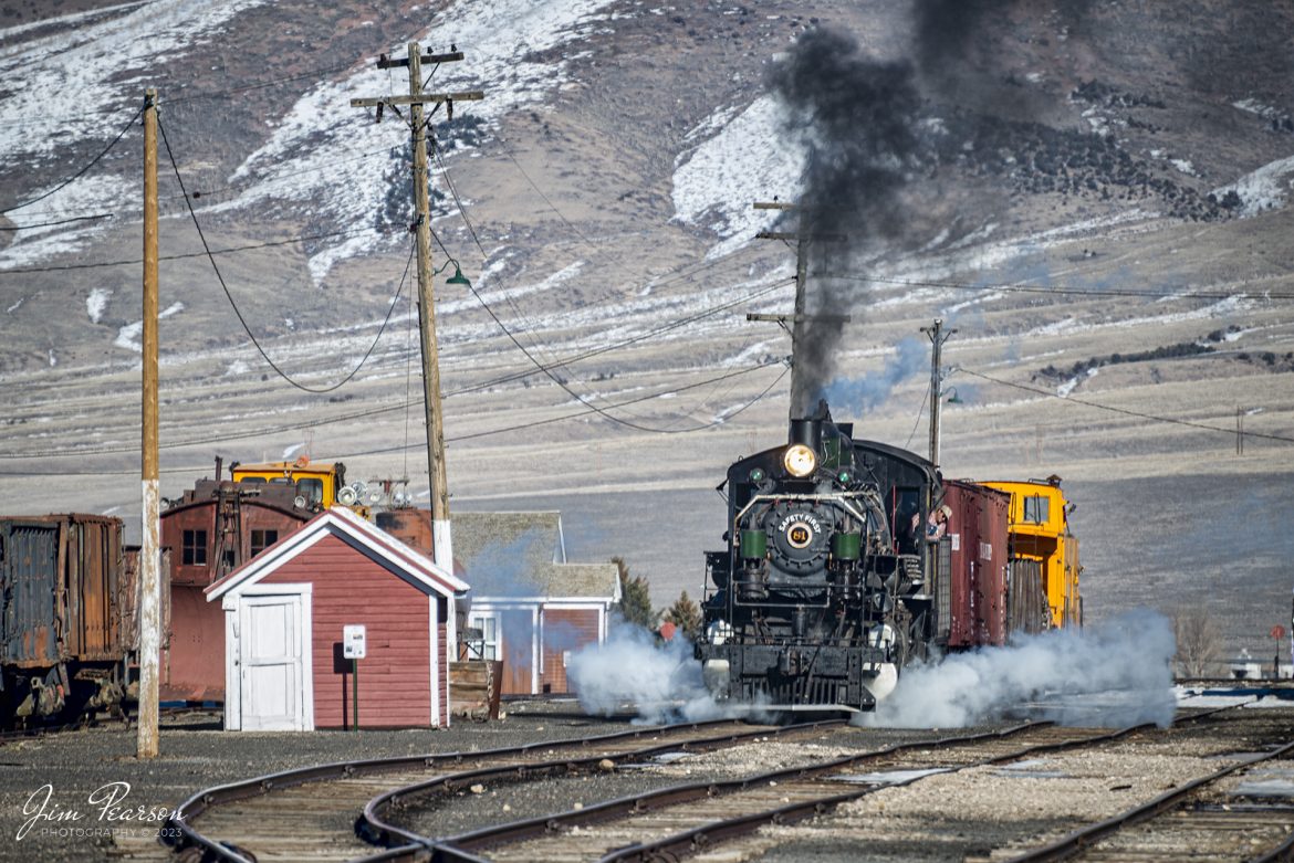 Mike Hughes, the fireman on Nevada Northern Railway #81, keeps a watchful eye as they move through the yard at Ely, Nevada on February 11th, 2022. during the museums winter photo charter event.

Nevada Northern No. 81 is a "Consolidation" type (2-8-0) steam locomotive that was built for the Nevada Northern in 1917 by the Baldwin Locomotive Works in Philadelphia, PA, at a cost of $23,700. It was built for Mixed service to haul both freight and passenger trains on the Nevada Northern railway.

According to Wikipedia: The Nevada Northern Railway Museum is a railroad museum and heritage railroad located in Ely, Nevada and operated by a historic foundation dedicated to the preservation of the Nevada Northern Railway.

Tech Info: Nikon D800, RAW, Sigma 150-600 @ 300mm, f/5.6, 1/320, ISO 100.

#trainphotography #railroadphotography #trains #railways #jimpearsonphotography #trainphotographer #railroadphotographer #steamtrains #nevadanorthernrailway