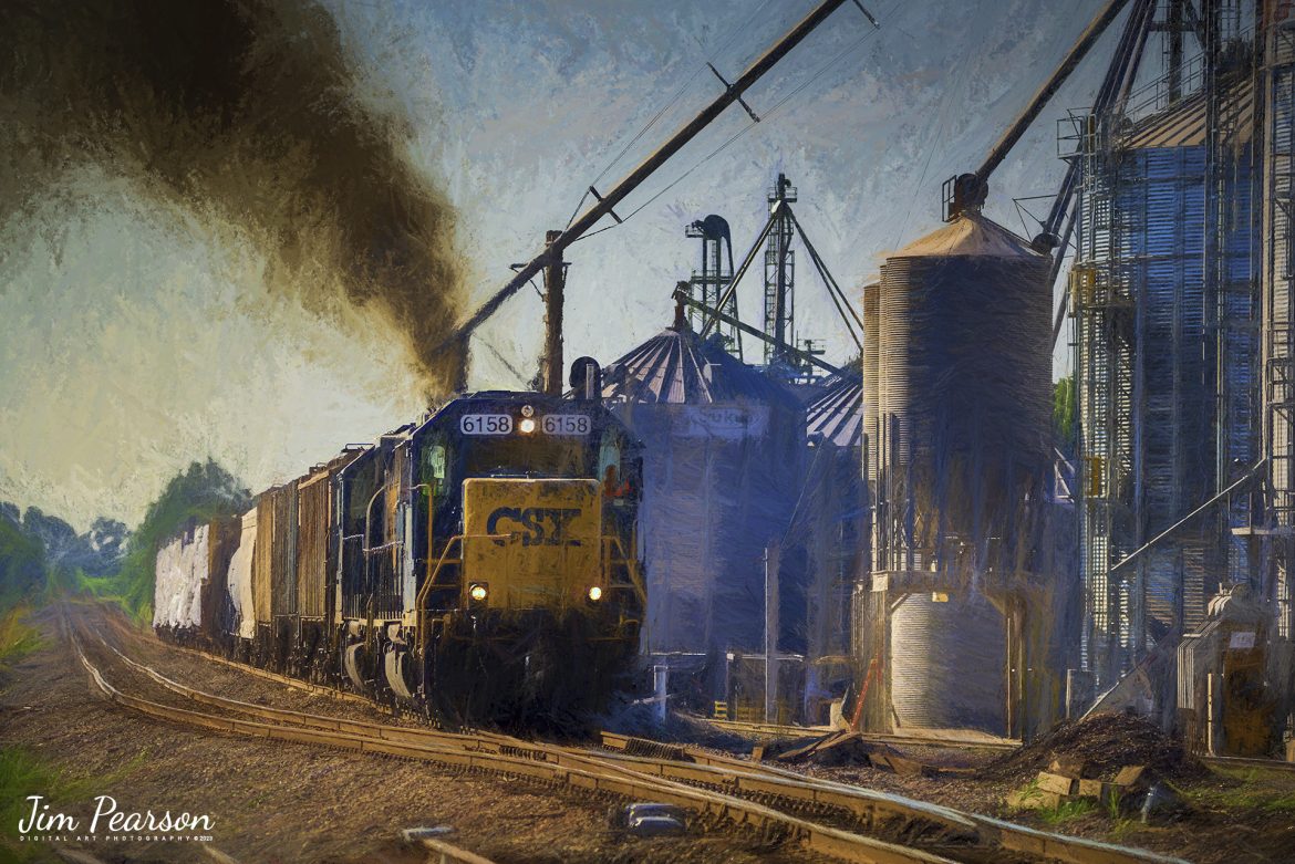 Digital Photo Art - CSX L382 puts out a bit of smoke as it pulls away from WF Ware after picking up a cut of grain cars at Trenton, Kentucky on July 12th, 2022, on the Henderson Subdivision. L382 is the local that runs between Casky yard in Hopkinsville and Guthrie, Ky and here we catch it as it starts its run back to Casky.

Tech Info: Nikon D800, RAW, Sigma 150-600 @ 220mm, f/5.3, 1/1250, ISO 200.

#trainphotography #railroadphotography #trains #railways #jimpearsonphotography #trainphotographer #railroadphotographer #jimpearsonphotography