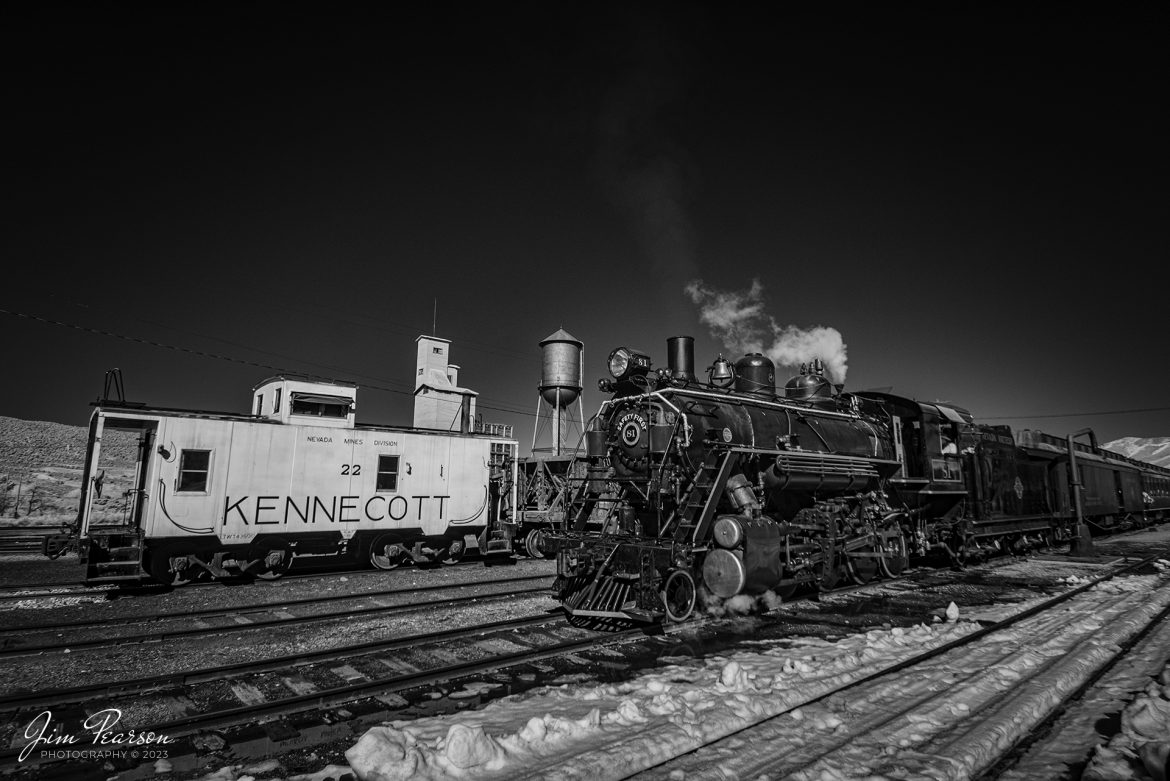Infrared photo of Nevada Northern locomotive 81, as it sits in the yard at Ely, Nevada on February 12th, 2022 during the museums 2022 Winter Photo Charter event, next to Nevada Mines Division’s #22 Kennecott Caboose. 

Nevada Northern No. 81 is a "Consolidation" type (2-8-0) steam locomotive that was built for the Nevada Northern in 1917 by the Baldwin Locomotive Works in Philadelphia, PA, at a cost of $23,700. It was built for Mixed service to haul both freight and passenger trains on the Nevada Northern railway.

According to Wikipedia: “The Nevada Northern Railway Museum is a railroad museum and heritage railroad located in Ely, Nevada and operated by a historic foundation dedicated to the preservation of the Nevada Northern Railway.

Tech Info: Fuji XT1 converted to 720nm, Nikon 10-24 @ 13mm, f/4, 1/500, ISO 200.

#trainphotography #railroadphotography #trains #railways #jimpearsonphotography #trainphotographer #railroadphotographer #steamtrains #nevadanorthernrailway