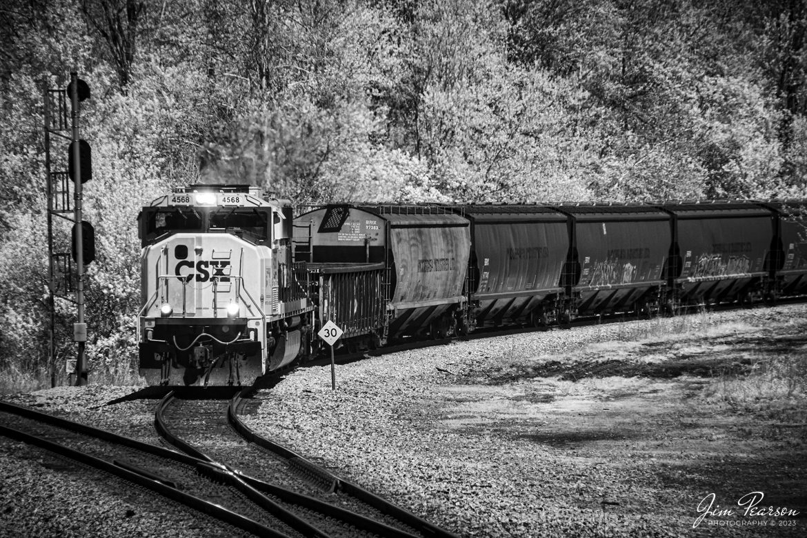 This week’s Saturday Infrared photo is of CSX X513 headed south off the cutoff at Mortons Junction, onto the Henderson Subdivision on April 12th, 2023 with the 50th Anniversary Operation Lifesaver Locomotive 4569 leading..

According to a CSX press release: CSX unveiled a new OLI rail safety commemorative locomotive in September of 2022, and it was painted at the railroads locomotive shop in Huntington, West Virginia. The CSXT 4568 engine will travel the company’s rail network as a visual reminder for the public to be safe at highway-rail grade crossings and near railroad tracks.

Tech Info: Fuji XT-1, RAW, Converted to 720nm B&W IR, Nikon 70-250mm @113mm, f/5, 1/500, ISO 400.

#trainphotography #railroadphotography #trains #railways #jimpearsonphotography #infraredtrainphotography #infraredphotography #trainphotographer #railroadphotographer #csxrailroad #csxhendersonsubdivision