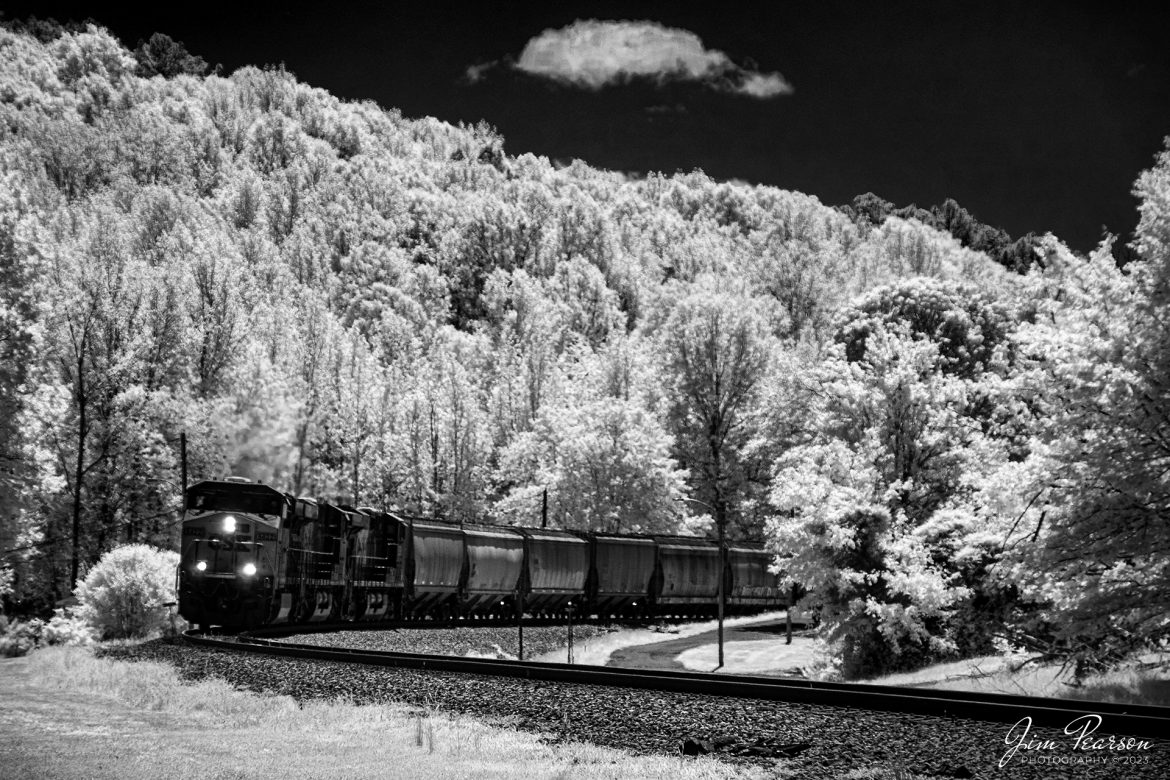 This week's Saturday Infrared photo is of CSX G402, an empty grain train, as it rounds the curve heading into Mortons Gap, Kentucky on the Henderson Subdivision on May 2nd, 2023. This train runs as needed between Waycross, GA	and Evansville, IN.

Tech Info: Fuji XT-1, RAW, Converted to 720nm B&W IR, Nikon 70-250mm @92mm, f/5, 1/500, ISO 200.

#trainphotography #railroadphotography #trains #railways #jimpearsonphotography #infraredtrainphotography #infraredphotography #trainphotographer #railroadphotographer #csxrailroad #csxhendersonsubdivision