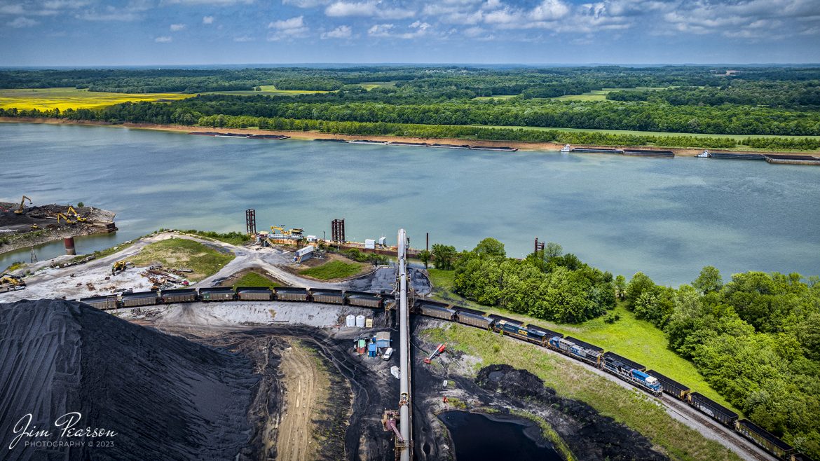 CSXT 3194, Honoring our Law Enforcement Locomotive, leads a loaded coal train into the loop at Calvert City Terminal, next to the Tennessee River, on a beautiful spring day at Calvert City, Kentucky, on May 8th, 2023.

Tech Info: DJI Mavic 3 Classic Drone, RAW, 24mm, f/2.8, 1/1250, ISO 100.

#trainphotography #railroadphotography #trains #railways #dronephotography #trainphotographer #railroadphotographer #jimpearsonphotography #BNSFtrains #mavic3classic #drones #trainsfromtheair #trainsfromadrone #coaltrain #CSXT #CalvertCityKy #CSXHonoringLawEnforcement