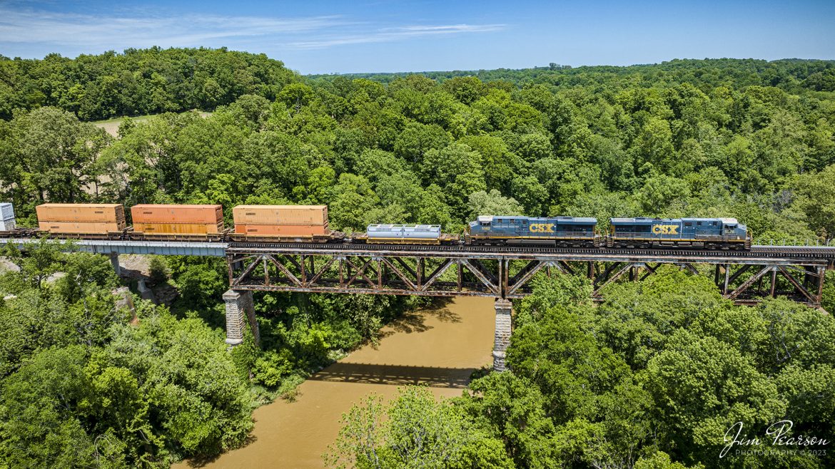 CSX I029 crosses over the bridge at Red River at Adams, Tennessee, as they head south on the Henderson Subdivision, on May 10thth, 2023, on the Henderson Subdivision.

Tech Info: DJI Mavic 3 Classic Drone, RAW, 24mm, f/2.8, 1/1600, ISO 120.

#trainphotography #railroadphotography #trains #railways #dronephotography #trainphotographer #railroadphotographer #jimpearsonphotography #TennesseeTrains #csx #csxrailway #AdamsTN #mavic3classic #drones #trainsfromtheair #trainsfromadrone #csxhendersonsubdivison