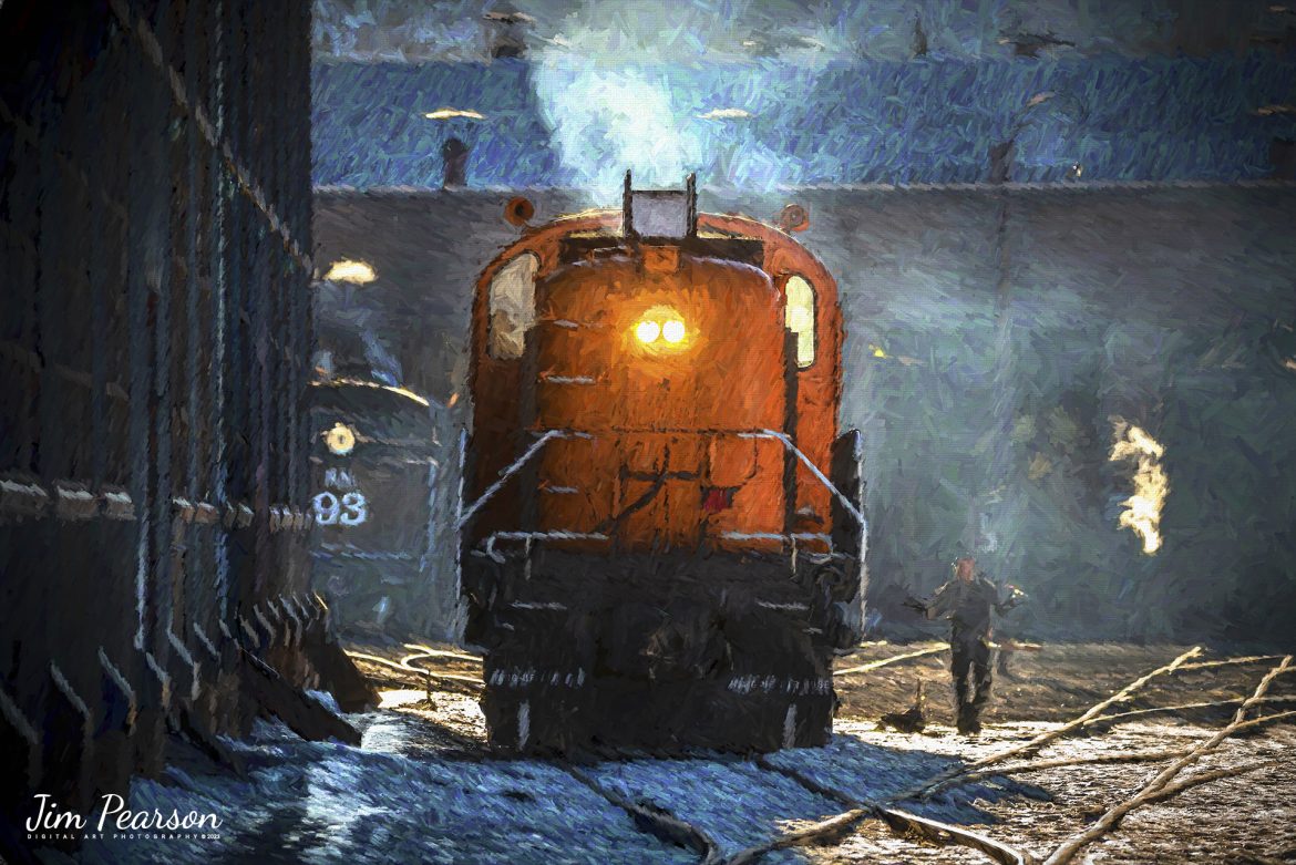 Digital Photo Art - Nevada Northern Railway brakeman Nick Scheresky signals to the engineer on locomotive 109 to go ahead and clear the switch, as they head back toward the engine house at Ely, Nevada on February 11th, 2022. 

Locomotive #109 Alco RS-3 built in 1950, 78426, 1800 (1200) hp, 1370 produced. It was bought new by Kennecott in November of 1950 for EX-Ray Mines but was never delivered to them. It was sent to Kennecott Copper Corp and was later sold to LA Department of Water and Power and now is in service at the Nevada Northern.

According to Wikipedia: “The Nevada Northern Railway Museum is a railroad museum and heritage railroad located in Ely, Nevada and operated by a historic foundation dedicated to the preservation of the Nevada Northern Railway.

Tech Info: Nikon D800, RAW, Sigma 150-600 @ 280mm, f/5.6, 1/800, ISO 360.

#trainphotography #railroadphotography #trains #railways #jimpearsonphotography #trainphotographer #railroadphotographer #steamtrains #nevadanorthernrailway