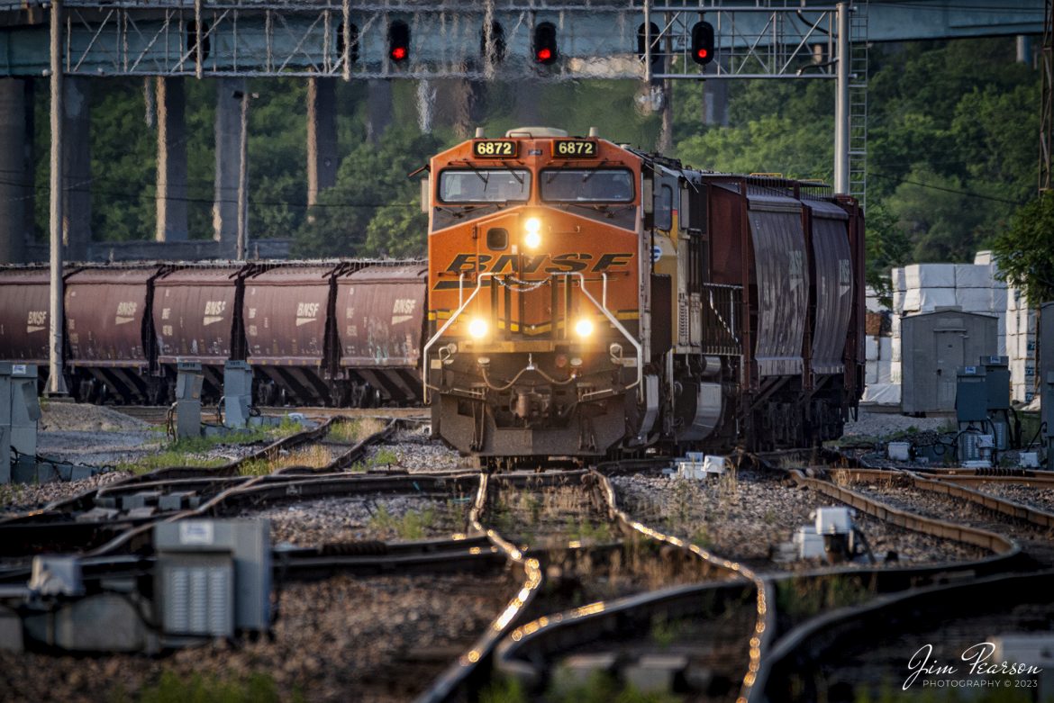 BNSF 6872 heads up a train as they head out of the yard toward Santa Fe Junction on June 16th, 2023, at Kansas City, MO.

Santa Fe Junction sees on average over 100 trains a day and it hosts the double decked railroad (ATSF Double Deck Railroad) bridge that crosses the Kansas River into Missouri, a triple crossing. The junction is partly in Missouri and Kansas and sees BNSF, UP, KCT, Amtrak, KCS, NS and CP traffic, from what I saw during my visit.

The tracks through the junction have been reduced or changed around over the years, but the area remains one of Kansas Citys Busiest locations.

Tech Info: Nikon D800, RAW, Sigma 150-600 @600mm, f/6.3, 1/560, ISO 800.

#trainphotography #railroadphotography #trains #railways #trainphotographer #railroadphotographer #jimpearsonphotography #BNSFtrains #NikonD800
