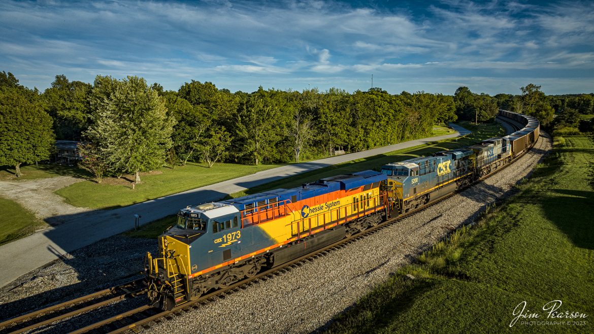 CSX Heritage series locomotive 1973, the Chessie System unit, is bathed in the light of the setting sun as it rounds the curve on the north end of the siding at Kelly, Kentucky as it leads empty coal train E002, bound for Atkison Yard in Madisonville, Ky on the Henderson Subdivision on August 12th, 2013. As of this morning (13th) the train is waiting its turn to load at Warrior Coal loop, just outside Madisonville.

According to Wikipedia: The three railroads that would make up the Chessie System had been closely related since the 1960s. C&O had acquired controlling interest in B&O in 1962, and the two had jointly controlled WM since 1967.
Chessie System, Inc. was a holding company that owned the Chesapeake and Ohio Railway (C&O), the Baltimore and Ohio Railroad (B&O), the Western Maryland Railway (WM), and Baltimore and Ohio Chicago Terminal Railroad (B&OCT). Trains operated under the Chessie name from 1973 to 1987.

On November 1, 1980, Chessie System merged with Seaboard Coast Line Industries to form CSX Corporation. Initially, the three Chessie System railroads continued to operate separately, even after Seaboard's six Family Lines System railroads were merged into the Seaboard System Railroad on December 29, 1982. That began to change in 1983, when the WM was merged into the B&O. The Chessie image continued to be applied to new and re-painted equipment until July 1, 1986, when CSXT introduced its own paint scheme. In April 1987, the B&O was merged into the C&O. In August 1987, C&O merged into CSX Transportation, a 1986 renaming of the Seaboard System Railroad, and the Chessie System name was retired.

Tech Info: DJI Mavic 3 Classic Drone, RAW, 24mm, f/2.8, 1/250, ISO 140.

#trainphotography #railroadphotography #trains #railways #dronephotography #trainphotographer #railroadphotographer #jimpearsonphotography #trains #csxt #mavic3classic #drones #trainsfromtheair #trainsfromadrone #CSXHeritageUnits