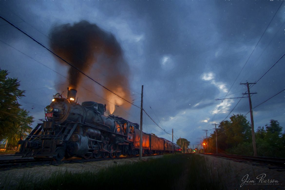 September 1, 2018 - St. Louis-San Francisco Railroad steam locomotive 1630 sits in the station at the Illinois Railway Museum in Union, Illinois, waiting for it's 8pm run, as the last light of day begins to fade from the sky. 

According to Wikipedia, the locomotive was built in 1918 by the Baldwin Locomotive Works for use in Russia as a class Ye locomotive. However, it, along with approximately 200 other locomotives, remained in the United States, due to the inability of the Bolshevik government to pay for them, following the Russian Revolution. 

1630 was converted from 5 ft (1,524 mm) Russian track gauge to 4 ft 8 1/2 in (1,435 mm) standard gauge. After being re-gauged, #1630 was sold to the USRA and was numbered 1147. Shortly after, 1147 was briefly leased for use on the Pennsylvania Railroad. 

In 1920, the locomotive was sold to the St. Louis – San Francisco Railway, where it was used as a mixed traffic engine. In 1951, the locomotive was sold to Eagle-Picher, who used it to haul lead ore from a mine to their smelter. 

In 1967, the locomotive was donated to the Illinois Railway Museum, in Union, Illinois, where they began restoring it in 1972, it returned to operating condition in 1974 and made its first revenue run. Sometime after arriving at the museum, 1630 was restored from her Eagle Picher appearance back to her Frisco appearance. 1630 was taken out of service in 2004, and after more than six years undergoing repairs and a federally mandated rebuild, it was returned to operational condition on October 30, 2013.

On Memorial Day weekend 2014, the locomotive returned to excursion service. In 2016, the locomotive received a cylinder overhaul, which according to Steam department curator, Nigel Bennett, made the locomotive, "probably more powerful than she has been since her [sic] first arrival at IRM in the 1970’s." The locomotive, during Memorial Day weekend 2016, pulled 137 empty coal cars in storage at the museum as what was considered to be one of th