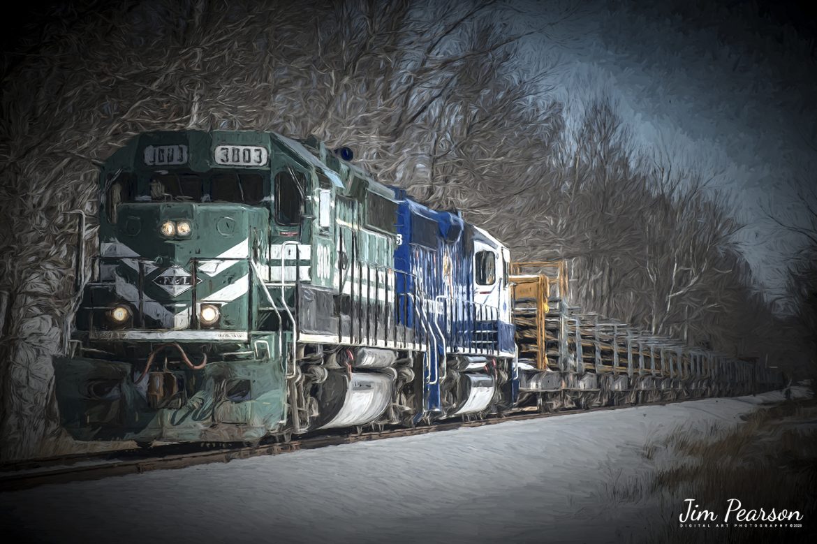 Digital Photo Art - Paducah and Louisville Railway 3803 and UK Wildcats 1998 lead a northbound rail train northbound at Claxton, Kentucky, on February 24th, 2015.

Tech Info: Nikon D800, Nikon 70-300 @ 125mm, f/6.3, 1/2500, ISO 250.

#trainphotography #railroadphotography #trains #railways #trainphotographer #railroadphotographer #jimpearsonphotography #PAL #PaducahandLouisvilleRailway #digitalphotoart