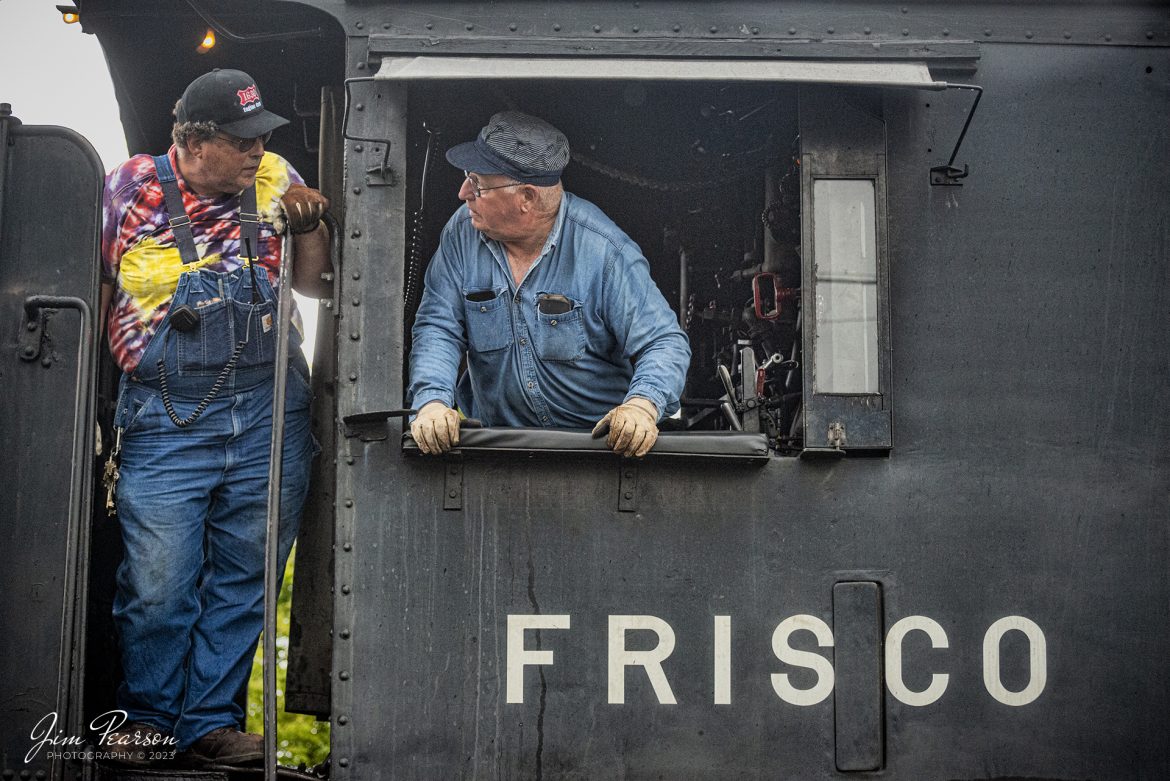 The Conductor and Engineer carry on a conversation in the cab of Frisco 1630 on September 16th, 2023, during the Illinois Railway Museums 70th Anniversary Weekend at Union, Illinois, as they wait for their next passenger run from the depot.

According to their website: St. Louis – San Francisco Railroad (“Frisco”) 1630 is the museum’s most famous steam engine. A “Russian Decapod,” it was built in 1918 for export to Russia but was embargoed when the Bolshevik Revolution took place. Instead, the newly completed engine was sold to the Frisco, which used it in both freight and passenger service into the 1950s. The Frisco later sold it to Eagle-Picher Mining, where it saw use hauling freight and aggregate trains until the mid-1960s.


Tech Info: Nikon D800, RAW, Nikon 70-300 @ 70mm, f/4.5, 1/1250, ISO 5000.

#trainphotography #railroadphotography #trains #railways #dronephotography #trainphotographer #railroadphotographer #jimpearsonphotography #NikonD800 #IllinoisRailwayMuseum #Frisco1630 #illinoistrains #steamtrains #illinoistrains #steamtrain