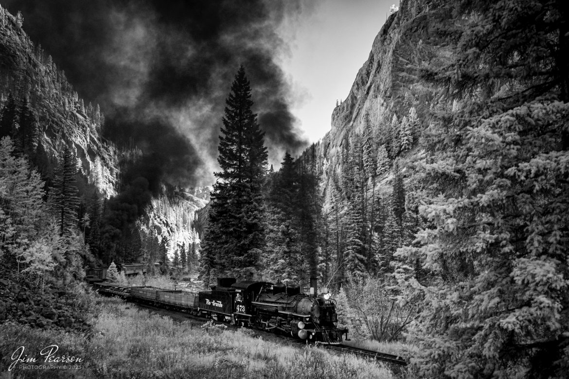 In this week's Saturday Infrared photo, we catch Denver and Rio Grande Western double header steam locomotives 473 and 476 as they pull a freight and passenger train through Whitehead Gulch during a two-day charter between Durango and Silverton, Colorado on October 16th, 2023.

Tech Info: Fuji XT-1, RAW, Converted to 720nm B&W IR, Nikon 10-24 @ 17mm, f/5, 1/50, ISO 400.

#trainphotography #railroadphotography #trains #railways #jimpearsonphotography #infraredtrainphotography #infraredphotography #trainphotographer #railroadphotographer #infaredtrainphotography #steamtrain