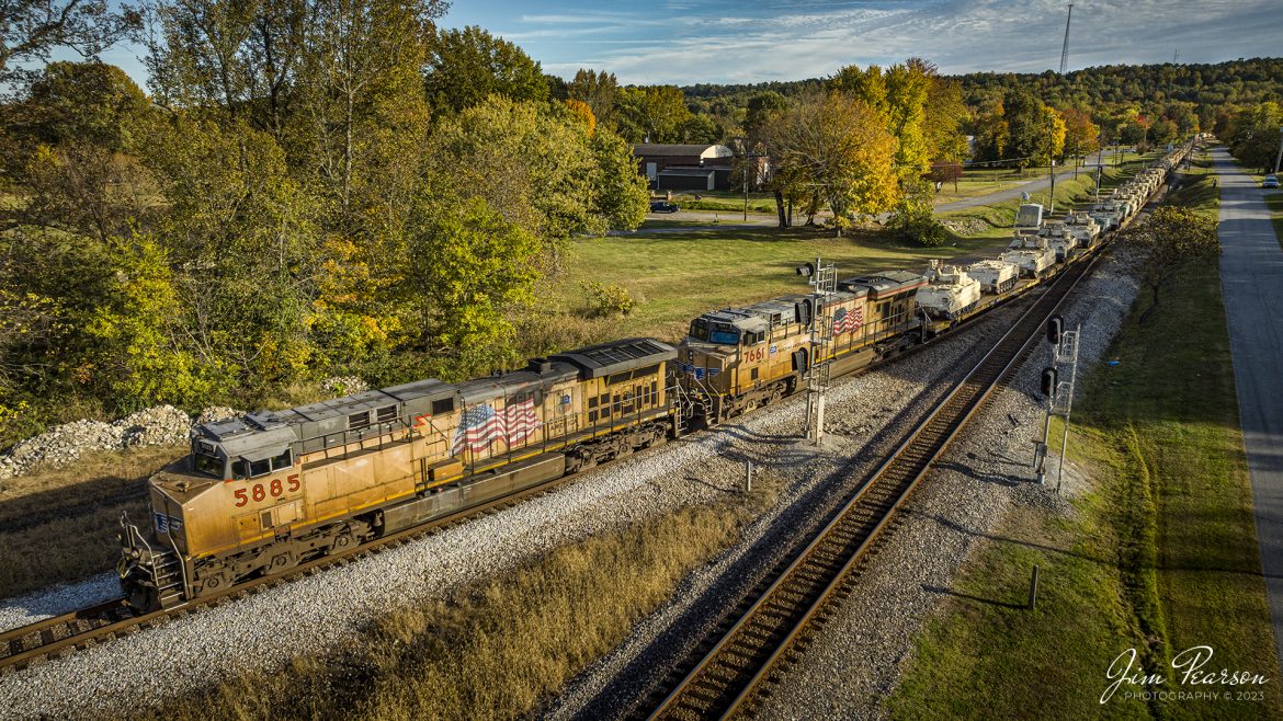 CSX S257, with Union Pacific 5885 and 7661 leading a trainload of military equipment, takes the cutoff at Mortons Junction as they head north on the CSX Henderson Subdivision on a beautiful fall evening on October 23rd, 2023, at Mortons Gap, Kentucky.


Tech Info: DJI Mavic 3 Classic Drone, RAW, 22mm, f/2.8, 1/1000, ISO 120.


#trainphotography #railroadphotography #trains #railways #jimpearsonphotography #trainphotographer #railroadphotographer #CSXHeritage #CSXHendersonSubdivison #dronephoto #trainsfromadrone #IndianaTrains #UnionPacific #MilitaryTrain