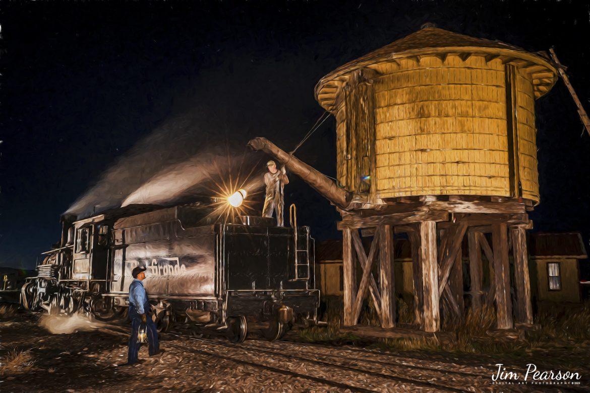Digital Photo Art - On October 19th, 2023, the crew on Cass Scenic Railway 463 posed to take on water at the yards water tank at Antonito, Colorado during the night photoshoot hosted by Dak Dillion Photography during a two-day photo charter, between Antonito and Osier, CO.

Tech Info: Nikon D810, RAW, Sigma 24-70 @36mm, f/8, 3 seconds, ISO 500.

#trainphotographyphotoart #photoartrailroadphotography #photoarttrains #photoartrailways #trainphotographer #railroadphotographer #jimpearsonphotography #NikonD800 #digitalphotoart #steamtrain #ColoradoSteamTrain #dsngrr