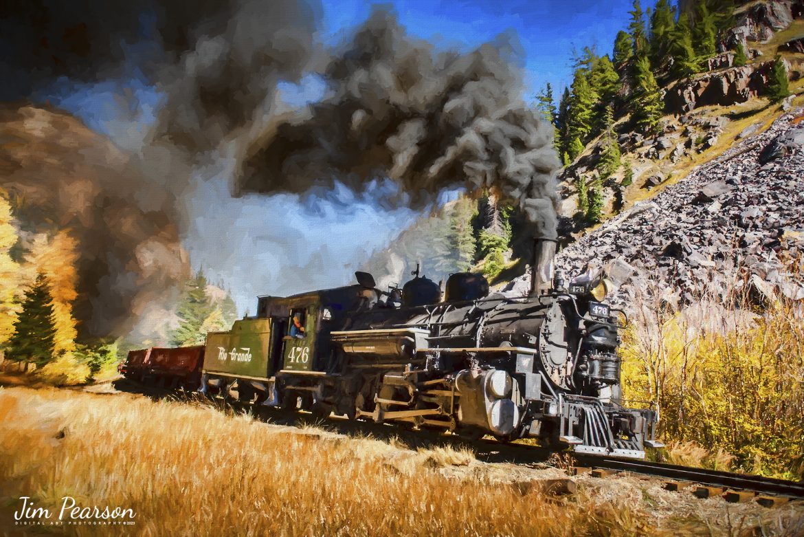 Digital Photo Art - On October 17th, 2023, the crew on Durango and Silverton 476 rounds a curve with a freight train during a recent photo charter, between Durango and Silverton, CO.

Tech Info: Nikon D810, RAW, Sigma 24-70 @ 29mm, f/2.8, 1/4000, ISO 360.

#trainphotographyphotoart #photoartrailroadphotography #photoarttrains #photoartrailways #trainphotographer #railroadphotographer #jimpearsonphotography #NikonD800 #digitalphotoart #steamtrain #ColoradoSteamTrain #D&SNGRR