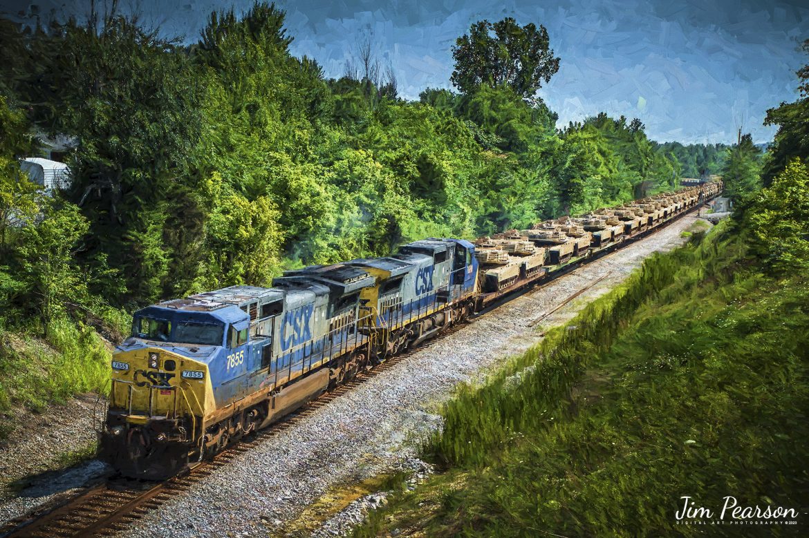 Digital Photo Art – CSXT 7855 leads military train W862 north on July 7th, 2014, through Romney at Nortonville, Ky, several years before they double tracked this stretch on the CSX Henderson Subdivision.

Tech Info: Nikon D800, RAW, Sigma 24-70 @48mm, f/5.6, 1/1600, ISO 320.

#trainphotographyphotoart #photoartrailroadphotography #photoarttrains #photoartrailways #trainphotographer #railroadphotographer #jimpearsonphotography #NikonD800 #digitalphotoart