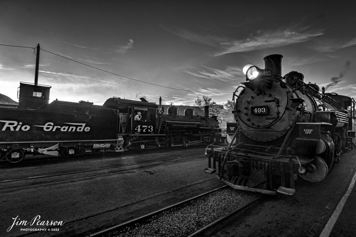 In this week’s Saturday Infrared photo, we catch Durango and Silverton Narrow Gauge steam locomotive D&RGW 473 and D&RGW 493 as it pulls into the station at Durango, Colorado, on October 17th, 2023, as the sunsets.

According to Wikipedia: The Durango and Silverton Narrow Gauge Railroad, often abbreviated as the D&SNG, is a 3 ft (914 mm) narrow-gauge heritage railroad that operates on 45.2 mi (72.7 km) of track between Durango and Silverton, in the U.S. state of Colorado. The railway is a federally designated National Historic Landmark and was also designated by the American Society of Civil Engineers as a National Historic Civil Engineering Landmark in 1968.

Tech Info: Fuji XT-1, RAW, Converted to 720nm B&W IR, Nikon 10-24 @ 10mm, f/4.5, 1/35, ISO 400.

#trainphotography #railroadphotography #trains #railways #jimpearsonphotography #infraredtrainphotography #infraredphotography #trainphotographer #railroadphotographer #infaredtrainphotography #steamtrain #dsngrr #durangocolorado