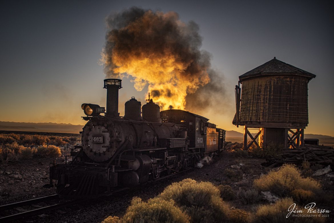 Cumbres & Toltec Scenic Railroad steam locomotive D&RGW 463 passes the Lava water tank as the sun rises behind their train, between Antonito and Osier, Colorado, during a photo charter by Dak Dillon Photography on October 19th, 2023.

According to their website: the Cumbres & Toltec Scenic Railroad is a National Historic Landmark.  At 64-miles in length, it is the longest, the highest and most authentic steam railroad in North America, traveling through some of the most spectacular scenery in the Rocky Mountain West.

Owned by the states of Colorado and New Mexico, the train crosses state borders 11 times, zigzagging along canyon walls, burrowing through two tunnels, and steaming over 137-foot Cascade Trestle. All trains steam along through deep forests of aspens and evergreens, across high plains filled with wildflowers, and through a rocky gorge of remarkable geologic formations. Deer, antelope, elk, fox, eagles and even bear are frequently spotted on this family friendly, off-the grid adventure.

Tech Info: Nikon D810, RAW, Sigma 24-70 @ 24mm, f/3.2, 1/4000, ISO 80.

railroad, railroads train, trains, best photo. sold photo, railway, railway, sold train photos, sold train pictures, steam trains, rail transport, railroad engines, pictures of trains, pictures of railways, best train photograph, best photo, photography of trains, steam, train photography, sold picture, best sold picture, Jim Pearson Photography, Cumbres & Toltec Scenic Railroad