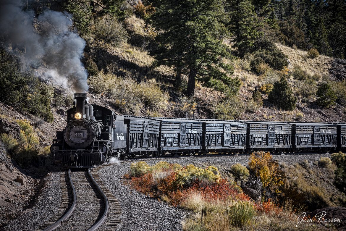 Cumbres & Toltec Scenic Railroad steam locomotive D&RGW 468 as it leads a freight through one of the many S curves between Antonito and Osier, Colorado, during a photo charter by Dak Dillon Photography on October 20th, 2023.

According to their website: the Cumbres & Toltec Scenic Railroad is a National Historic Landmark.  At 64-miles in length, it is the longest, the highest and most authentic steam railroad in North America, traveling through some of the most spectacular scenery in the Rocky Mountain West.

Owned by the states of Colorado and New Mexico, the train crosses state borders 11 times, zigzagging along canyon walls, burrowing through two tunnels, and steaming over 137-foot Cascade Trestle. All trains steam along through deep forests of aspens and evergreens, across high plains filled with wildflowers, and through a rocky gorge of remarkable geologic formations. Deer, antelope, elk, fox, eagles and even bear are frequently spotted on this family friendly, off-the grid adventure.

Tech Info: Nikon D810, RAW, Nikon 70-300 @ 135mm, f/4.8, 1/2000, ISO 450.

railroad, railroads train, trains, best photo. sold photo, railway, railway, sold train photos, sold train pictures, steam trains, rail transport, railroad engines, pictures of trains, pictures of railways, best train photograph, best photo, photography of trains, steam train photography, sold picture, best sold picture, Jim Pearson Photography, Cumbres & Toltec Scenic Railroad