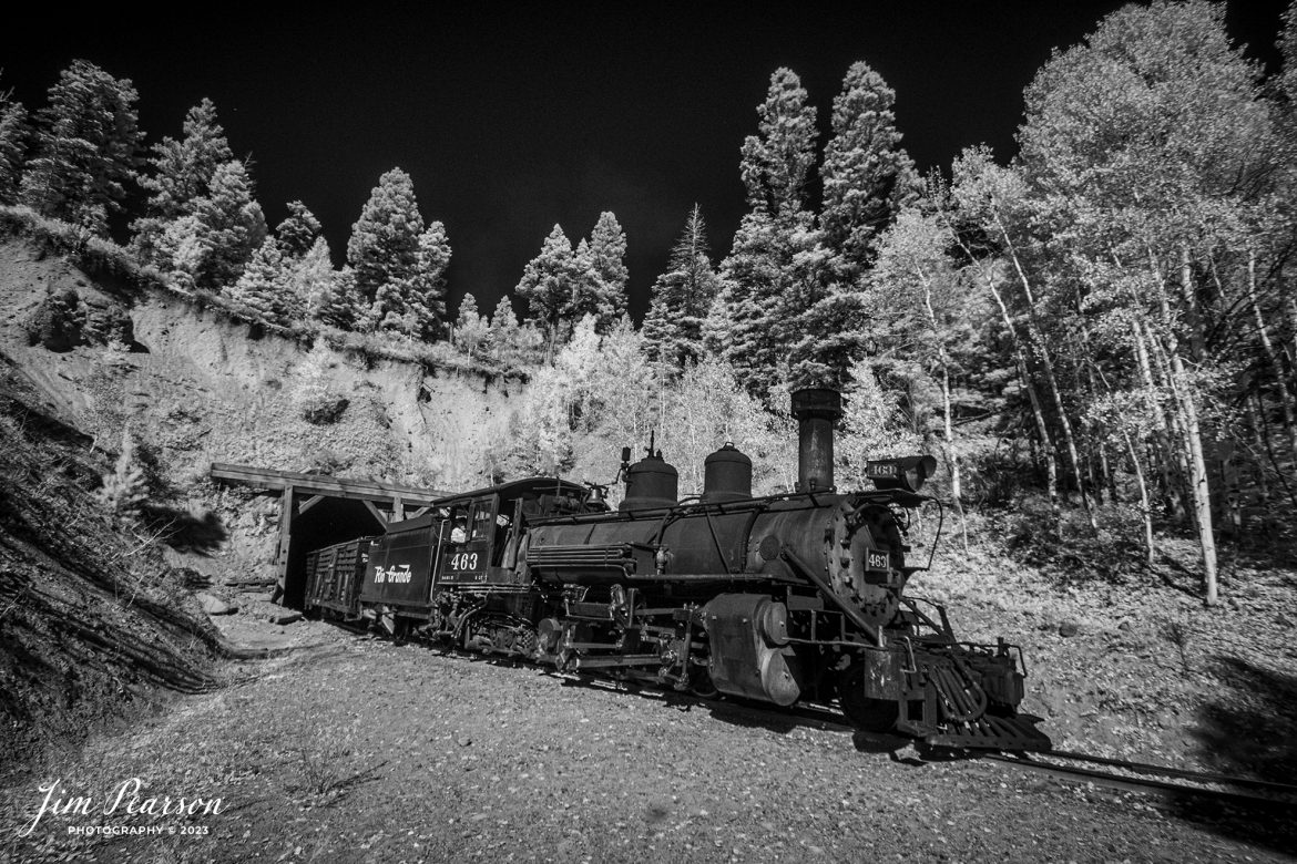 In this week’s Saturday Infrared photo, we catch Cumbres & Toltec Scenic Railroad steam locomotive D&RGW 463 as it pulls out of Mud Tunnel at MP 311.3, between Antonito and Osier, Colorado, during a photo charter by Dak Dillon Photography on October 19th, 2023.

According to their website: the Cumbres & Toltec Scenic Railroad is a National Historic Landmark.  At 64-miles in length, it is the longest, the highest and most authentic steam railroad in North America, traveling through some of the most spectacular scenery in the Rocky Mountain West.

Owned by the states of Colorado and New Mexico, the train crosses state borders 11 times, zigzagging along canyon walls, burrowing through two tunnels, and steaming over 137-foot Cascade Trestle. All trains steam along through deep forests of aspens and evergreens, across high plains filled with wildflowers, and through a rocky gorge of remarkable geologic formations. Deer, antelope, elk, fox, eagles and even bear are frequently spotted on this family friendly, off-the grid adventure.

Tech Info: Fuji XT-1, RAW, Converted to 720nm B&W IR, Nikon 10-24 @ 17mm, f/5.6, 1/1250, ISO 400.

#trainphotography #railroadphotography #trains #railways #jimpearsonphotography #infraredtrainphotography #infraredphotography #trainphotographer #railroadphotographer #infaredtrainphotography #steamtrain #CTSRR