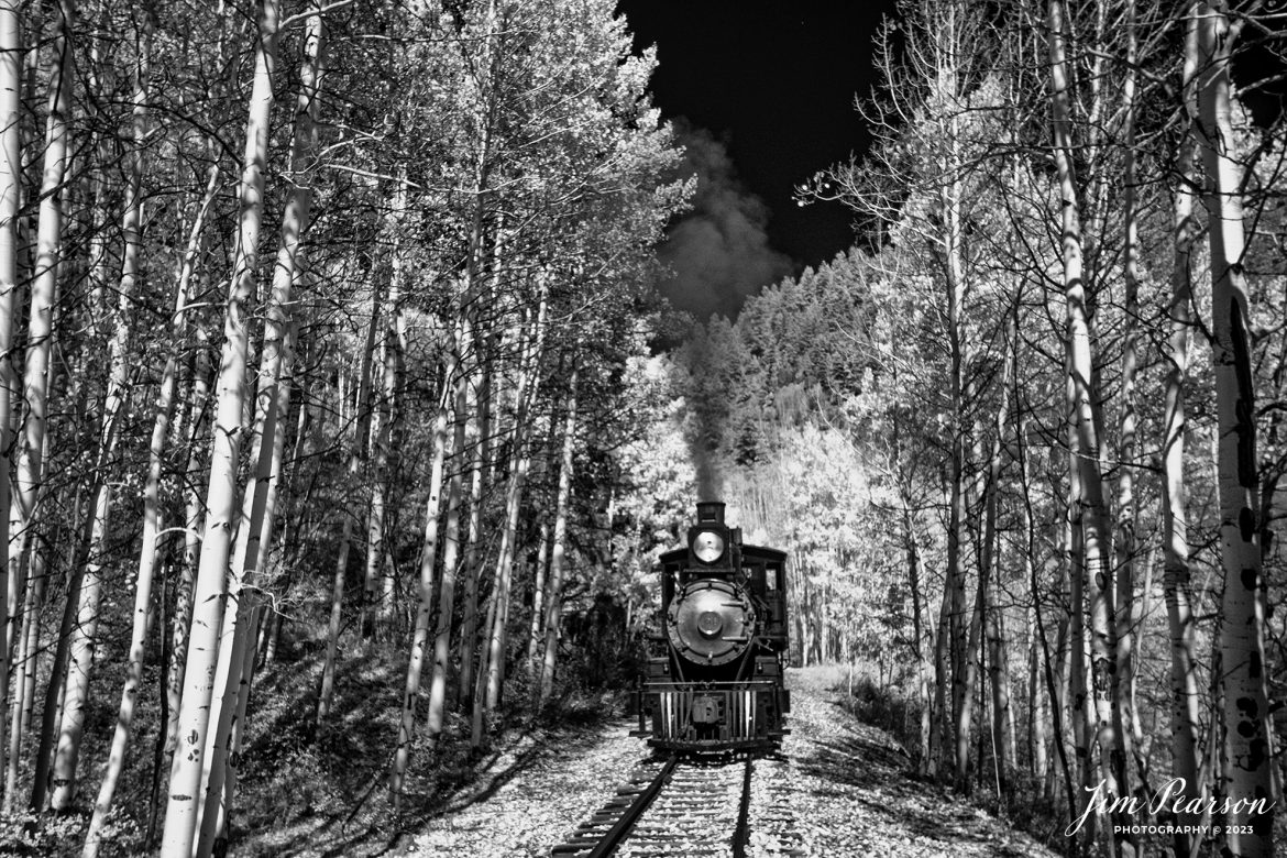 In this week’s Saturday Infrared photo, we catch Denver and Rio Grande Western steam locomotive 168 as it pulls through a grove of Aspens, on October 20th, 2023on its way to Osier, Colorado on the Cumbres and Toltec Scenic Railroad.

According to their website: the Cumbres & Toltec Scenic Railroad is a National Historic Landmark.  At 64-miles in length, it is the longest, the highest and most authentic steam railroad in North America, traveling through some of the most spectacular scenery in the Rocky Mountain West.

According to Wikipedia: Denver and Rio Grande Western No. 168 is a class "T-12" 4-6-0 “Ten-Wheeler” type narrow-gauge steam railway locomotive. It is one of twelve similar locomotives built for the Denver and Rio Grande Railroad (D&RG) by the Baldwin Locomotive Works in 1883. It was built as a passenger locomotive, with 46 in (1,200 mm) drivers, the largest drivers used on any three-foot gauge D&RGW locomotive. The large drivers made it suitable for relatively fast passenger service.

Tech Info: Fuji XT-1, RAW, Converted to 720nm B&W IR, Nikon 10-24 @ 20mm, f/5.6, 1/900, ISO 400.

#trainphotography #railroadphotography #trains #railways #jimpearsonphotography #infraredtrainphotography #infraredphotography #trainphotographer #railroadphotographer #infaredtrainphotography #steamtrain #ctsrr
