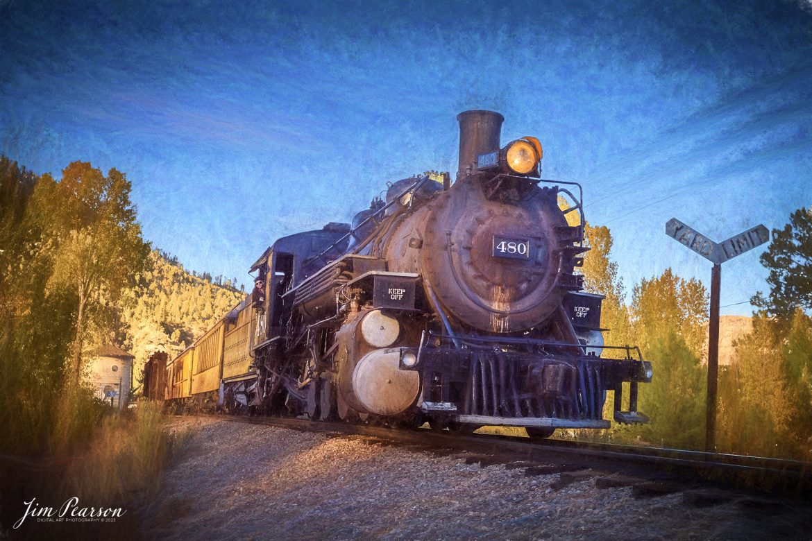 Digital Art Photo-Denver and Rio Grande Western 480 leads one of the daily passenger trains as it heads back to Durango, Colorado from Silverton, CO, passing the water tower at Hermosa, Colorado, on October 14th, 2023.

According to Wikipedia: The Durango and Silverton Narrow Gauge Railroad, often abbreviated as the D&SNG, is a 3 ft (914 mm) narrow-gauge heritage railroad that operates on 45.2 mi (72.7 km) of track between Durango and Silverton, in the U.S. state of Colorado. The railway is a federally designated National Historic Landmark and was also designated by the American Society of Civil Engineers as a National Historic Civil Engineering Landmark in 1968.

Tech Info: Nikon D810, RAW, Sigma 24-70 @24mm, f/5.6, 1/1000, ISO 180.

railroad, railroads train, trains, best photo. sold photo, railway, railway, sold train photos, sold train pictures, steam trains, rail transport, railroad engines, pictures of trains, pictures of railways, best train photograph, best photo, photography of trains, steam train photography, sold picture, best sold picture, Jim Pearson Photography, Durango and Silverton Railroad