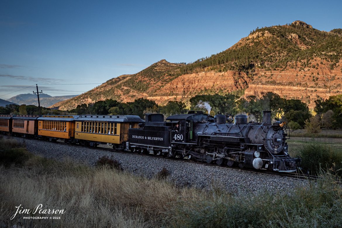 Denver and Rio Grande Western 480 leads one of the daily passenger trains as it heads back to Durango, Colorado through the valley at Trimble, Colorado, on October 14th, 2023.

According to Wikipedia: The Durango and Silverton Narrow Gauge Railroad, often abbreviated as the D&SNG, is a 3 ft (914 mm) narrow-gauge heritage railroad that operates on 45.2 mi (72.7 km) of track between Durango and Silverton, in the U.S. state of Colorado. The railway is a federally designated National Historic Landmark and was also designated by the American Society of Civil Engineers as a National Historic Civil Engineering Landmark in 1968.

Tech Info: Nikon D810, RAW, Sigma 24-70 @ 24mm, f/5.6, 1/640, ISO 110.

railroad, railroads train, trains, best photo. sold photo, railway, railway, sold train photos, sold train pictures, steam trains, rail transport, railroad engines, pictures of trains, pictures of railways, best train photograph, best photo, photography of trains, steam train photography, sold picture, best sold picture, Jim Pearson Photography, Durango and Silverton Railroad